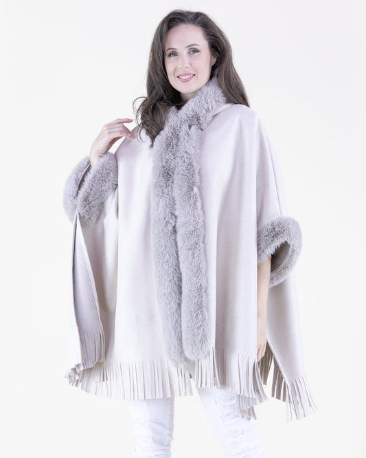 Vegan Suede & Fur Trim Hooded Cape w/ Fringe