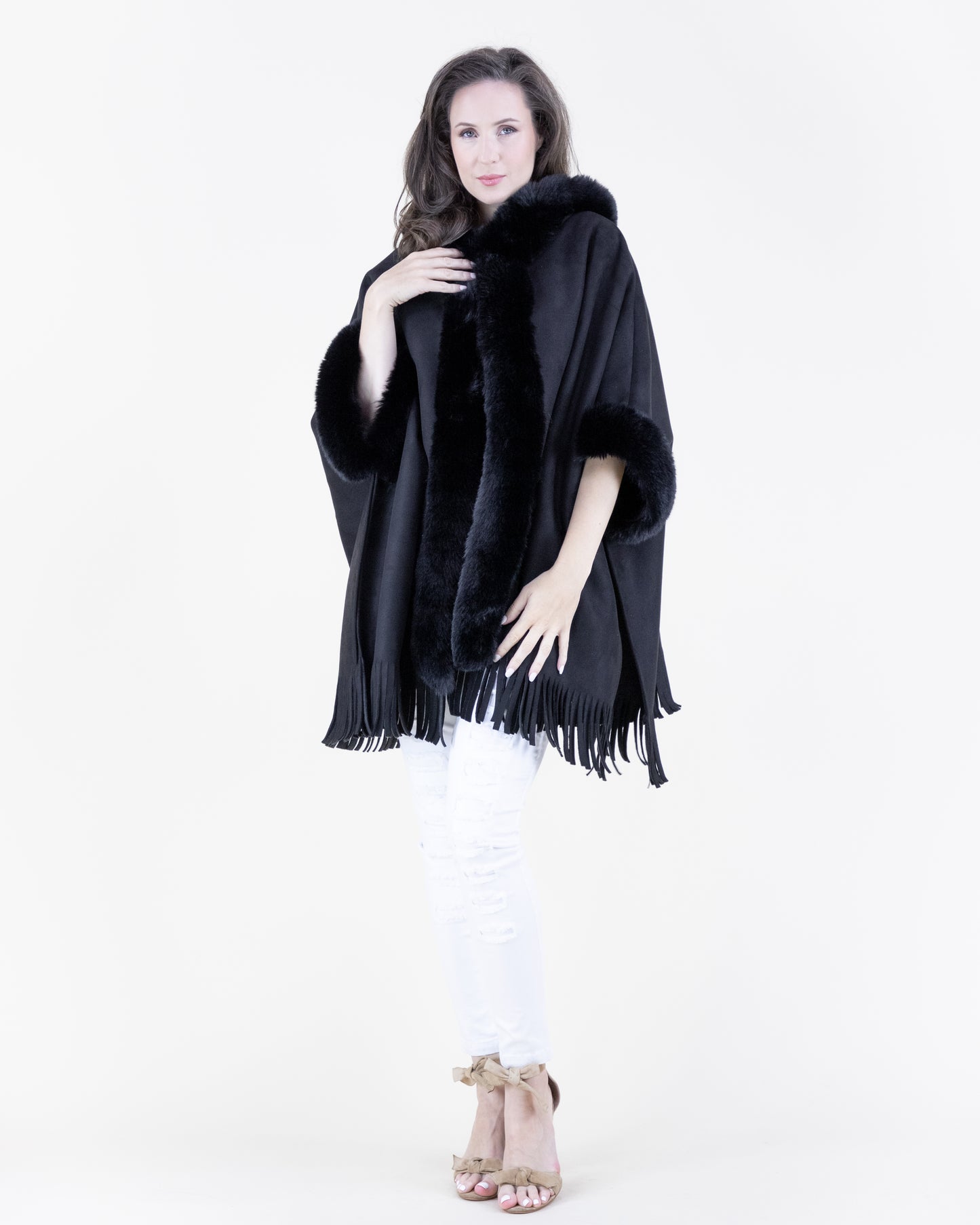 Vegan Suede & Fur Trim Hooded Cape w/ Fringe