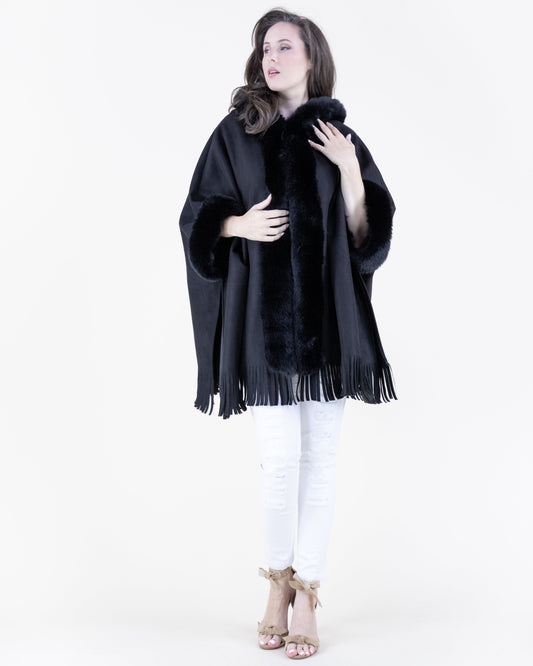 Vegan Suede & Fur Trim Hooded Cape w/ Fringe