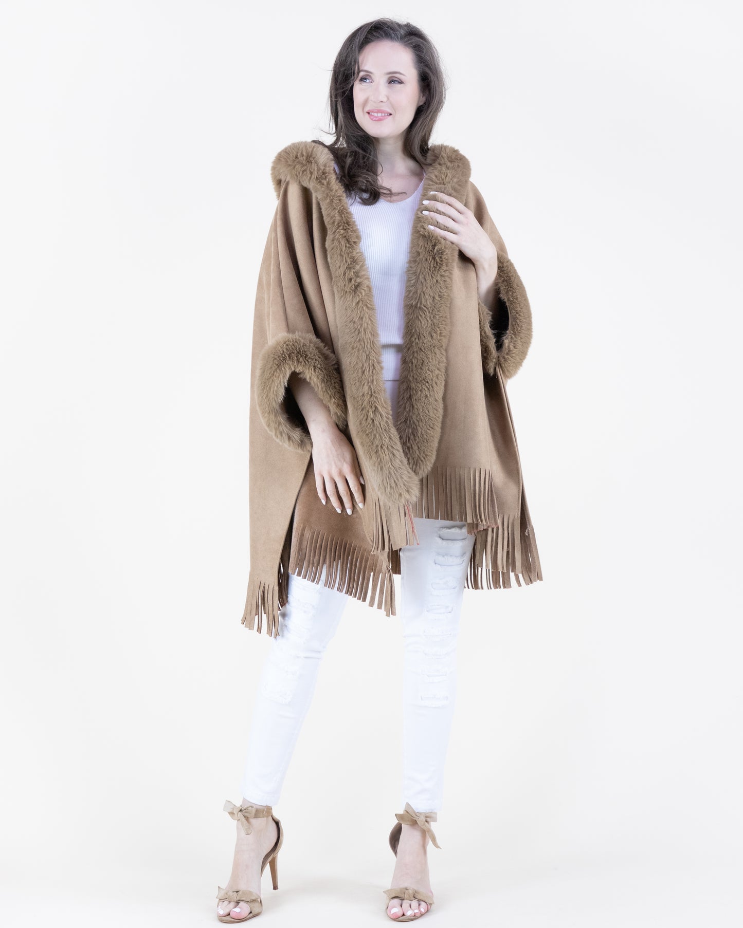 Vegan Suede & Fur Trim Hooded Cape w/ Fringe