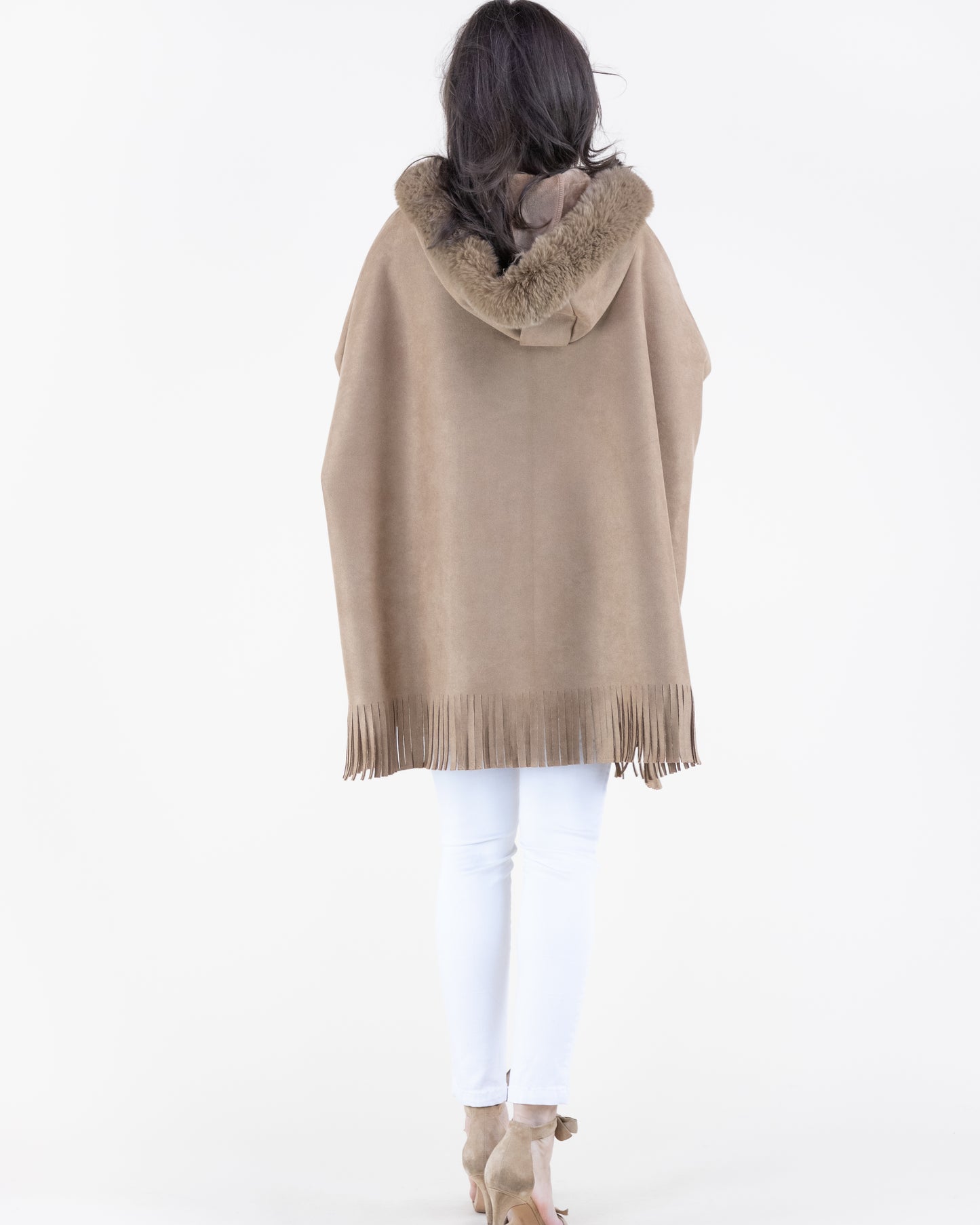 Vegan Suede & Fur Trim Hooded Cape w/ Fringe