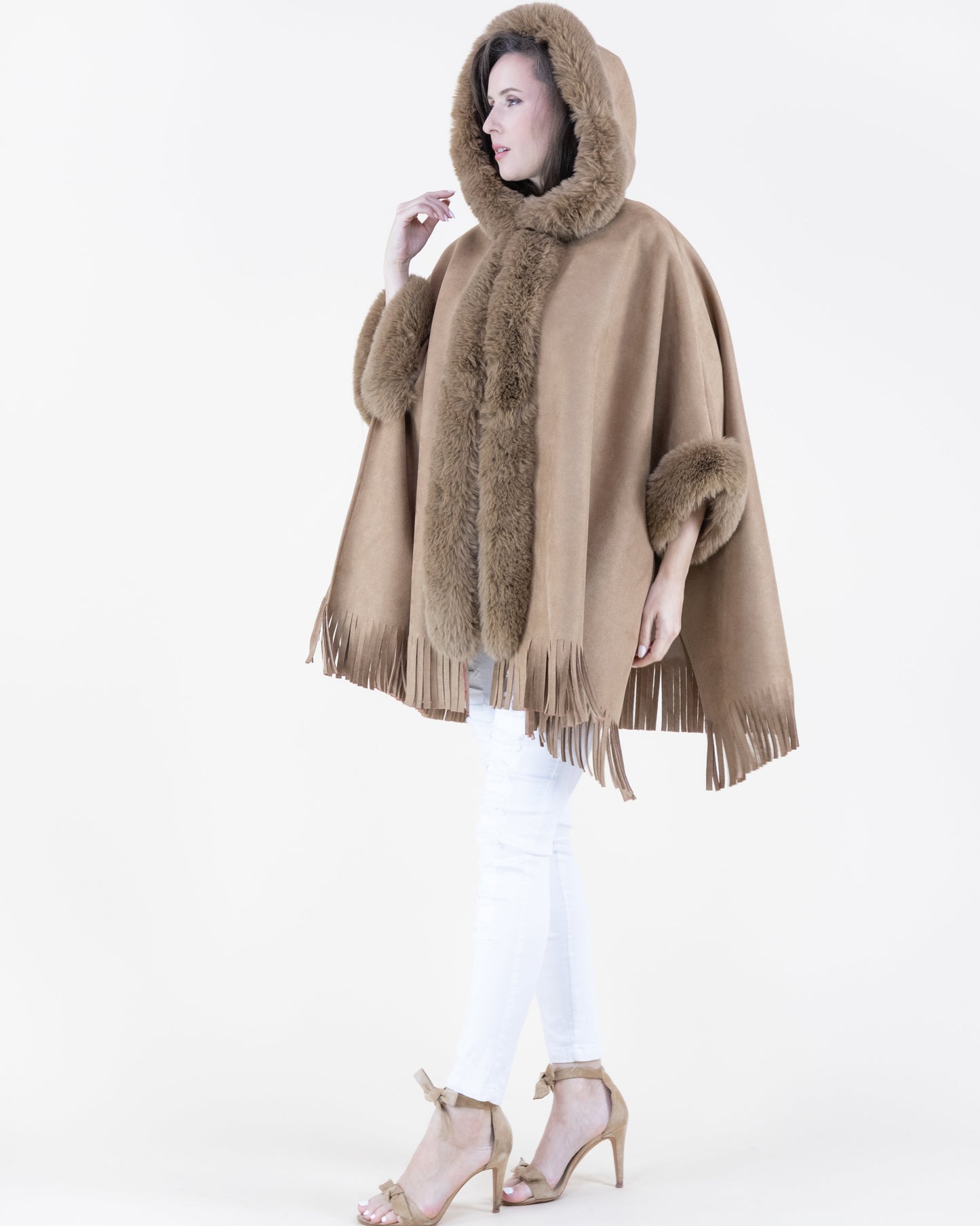 Vegan Suede & Fur Trim Hooded Cape w/ Fringe