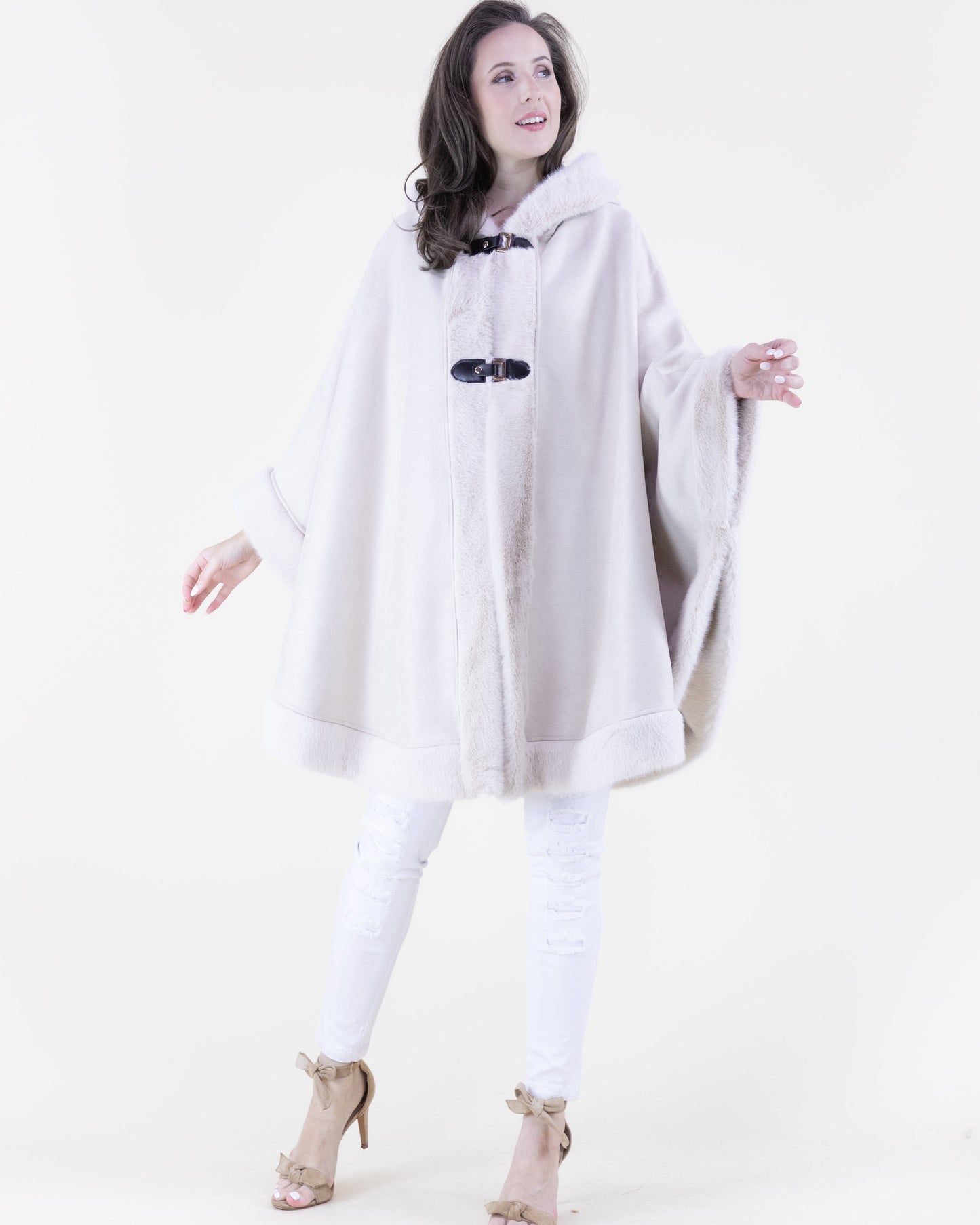 Vegan Suede & Fur Trim Hooded Cape w/ Buckles