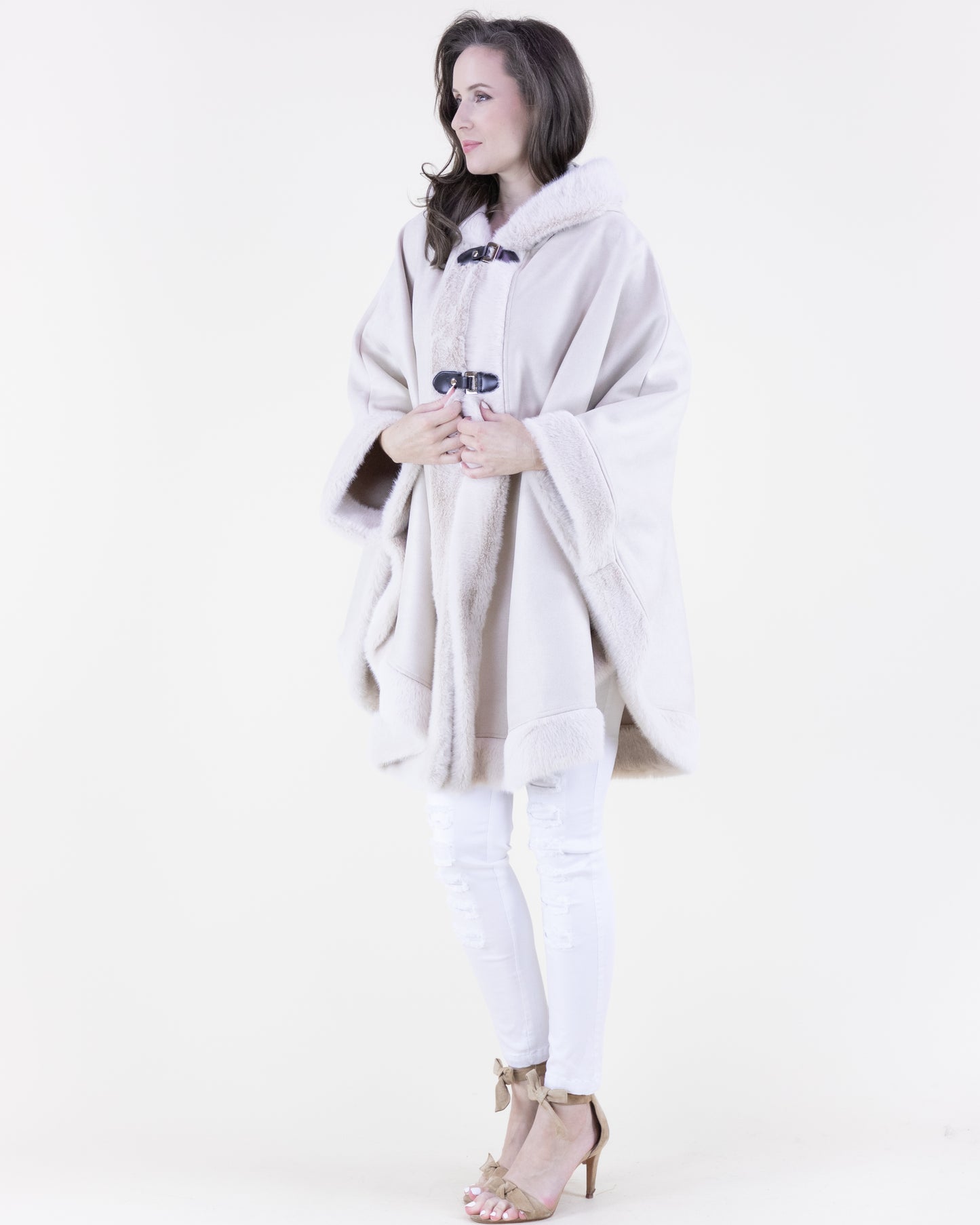 Vegan Suede & Fur Trim Hooded Cape w/ Buckles