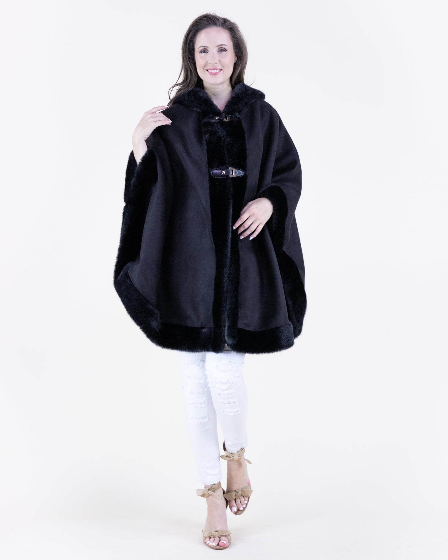 Vegan Suede & Fur Trim Hooded Cape w/ Buckles