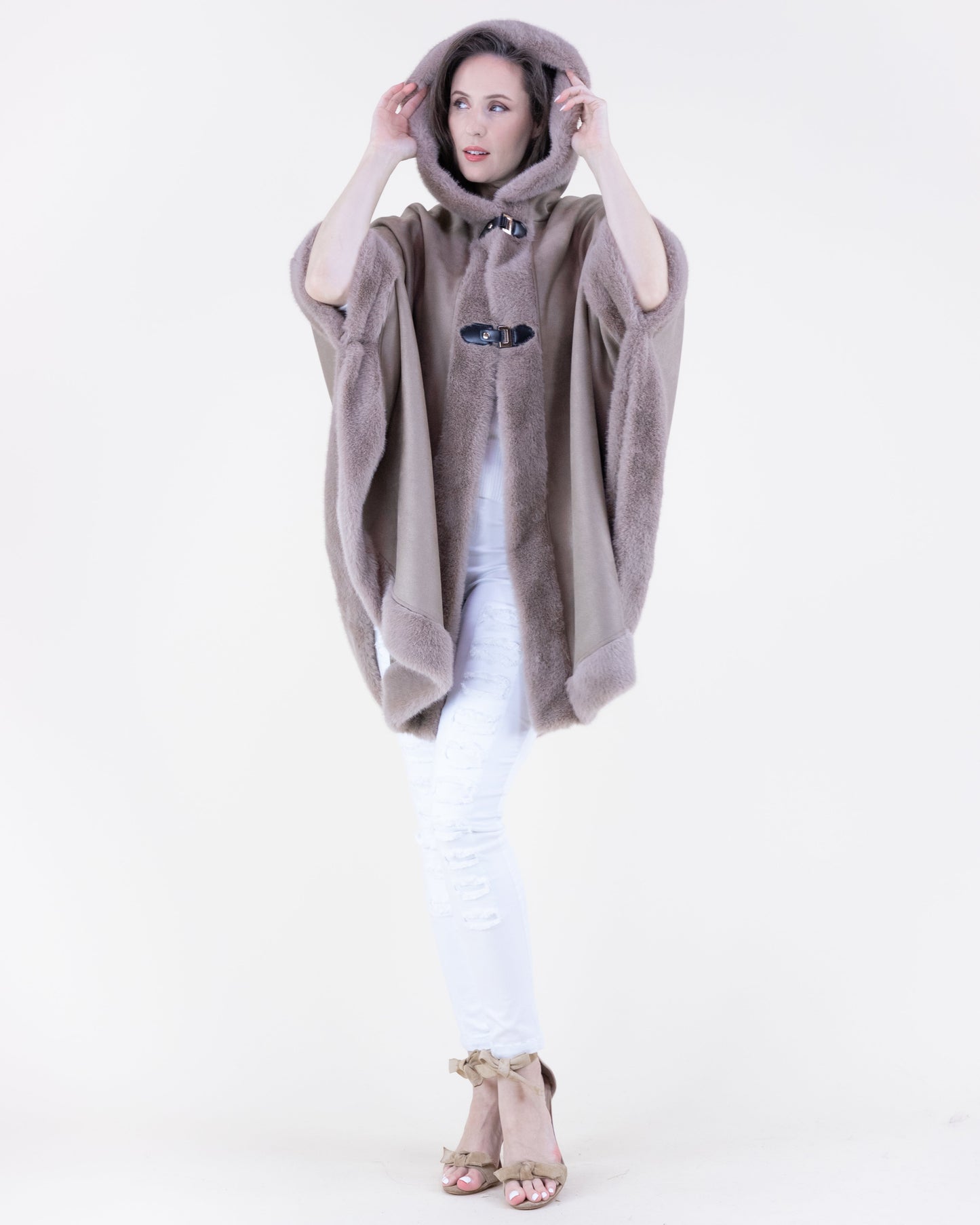 Vegan Suede & Fur Trim Hooded Cape w/ Buckles