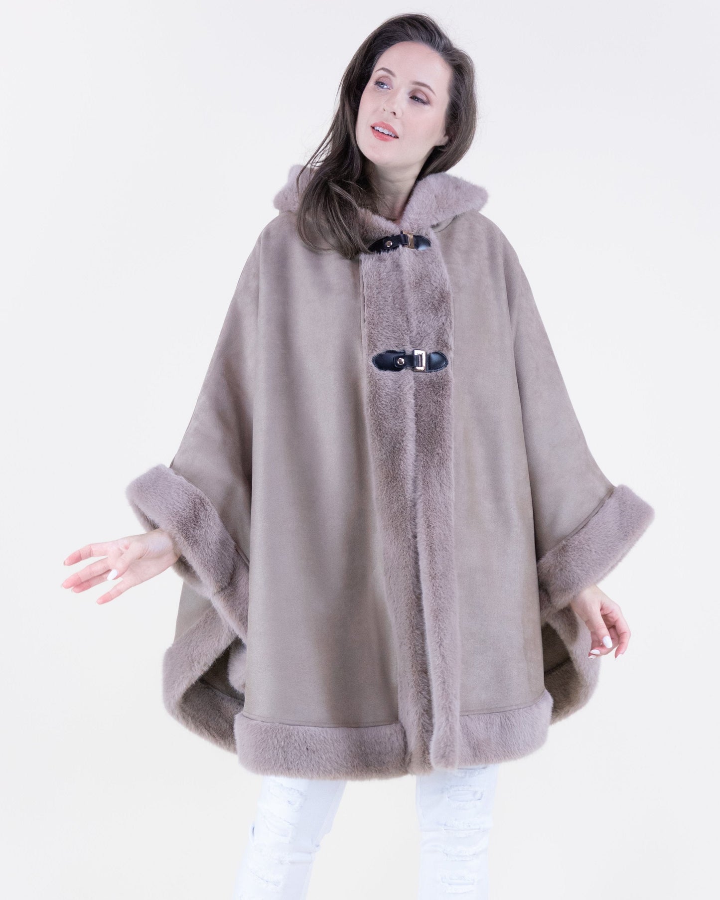Vegan Suede & Fur Trim Hooded Cape w/ Buckles