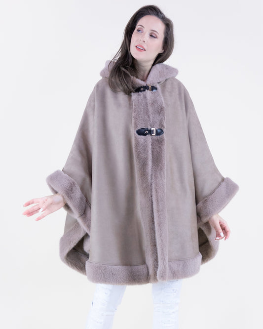 Vegan Suede & Fur Trim Hooded Cape w/ Buckles