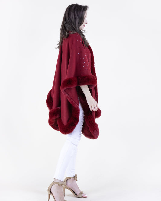 Rhinestone Embellished Faux Fur Cape