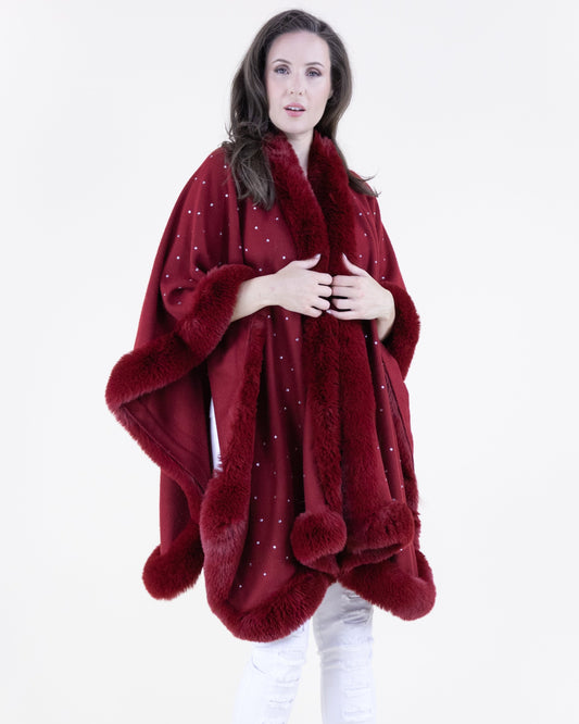 Rhinestone Embellished Faux Fur Cape