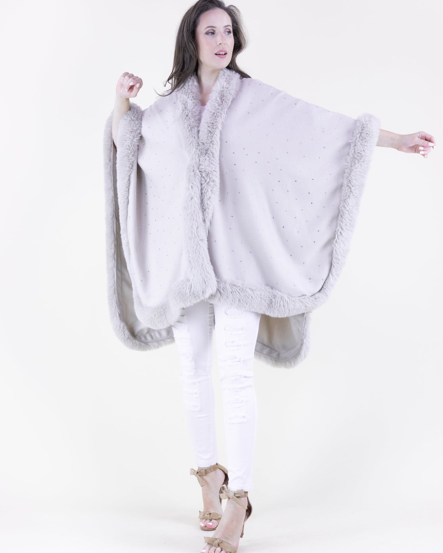 Rhinestone Embellished Faux Fur Cape