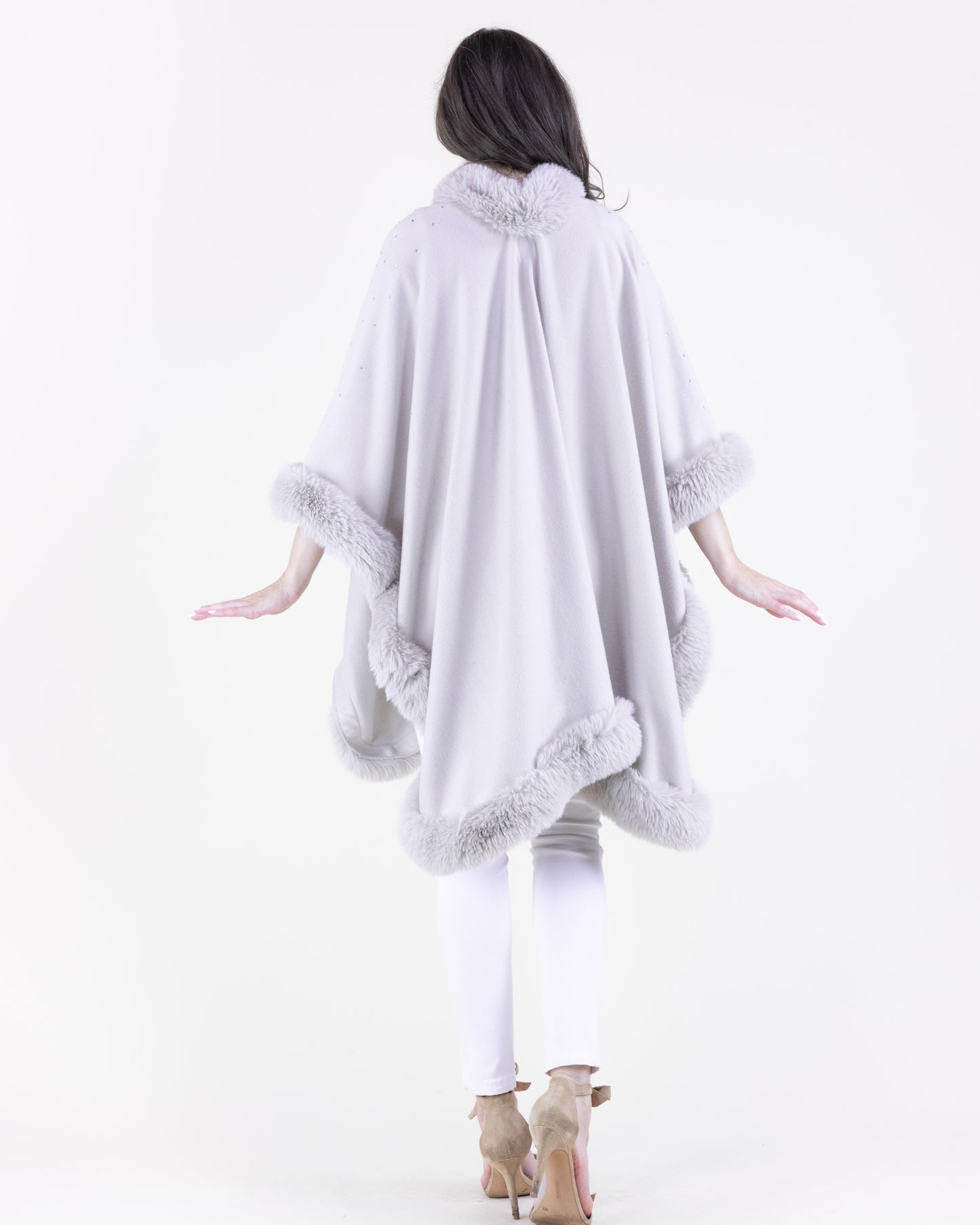 Rhinestone Embellished Faux Fur Cape