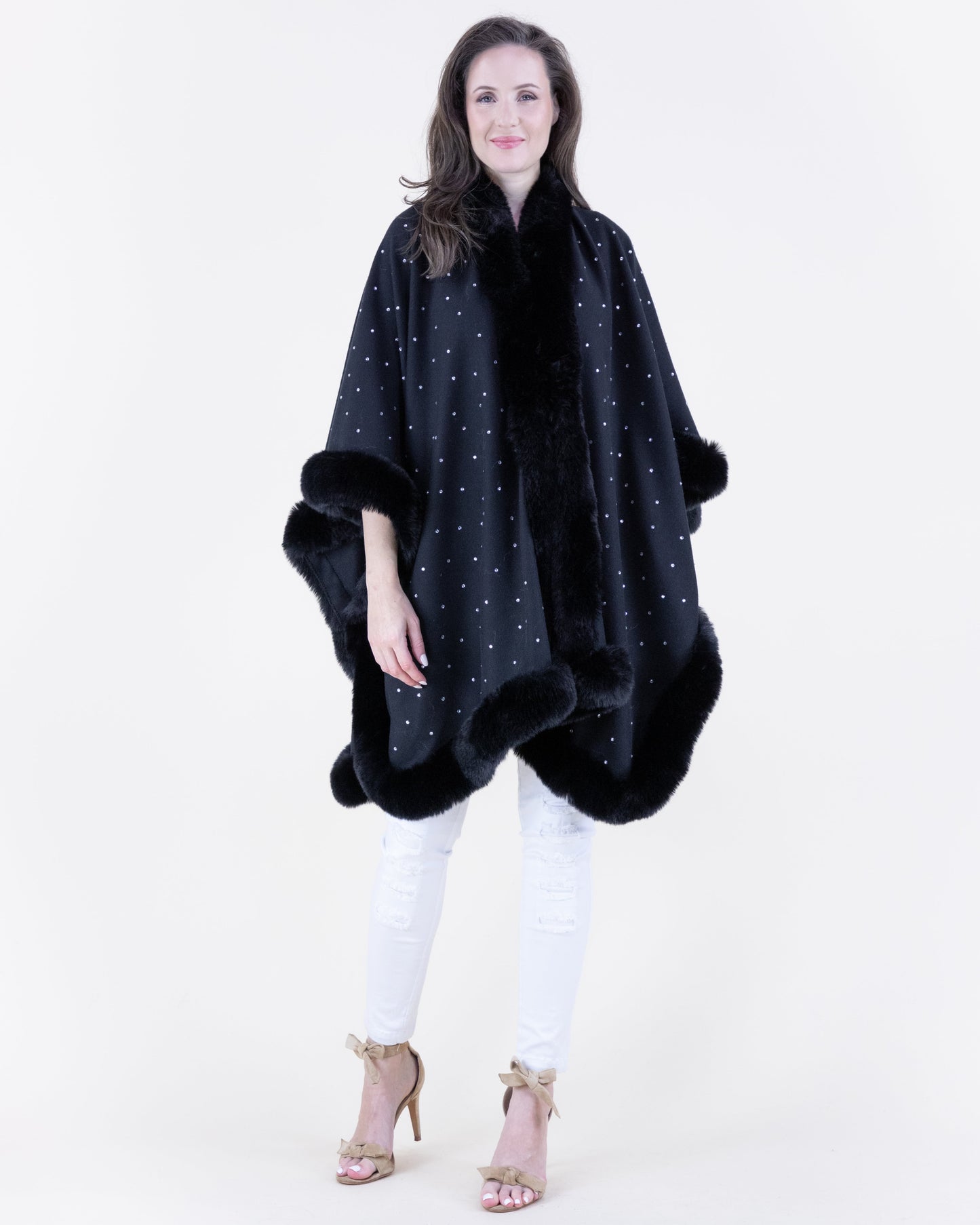 Rhinestone Embellished Faux Fur Cape