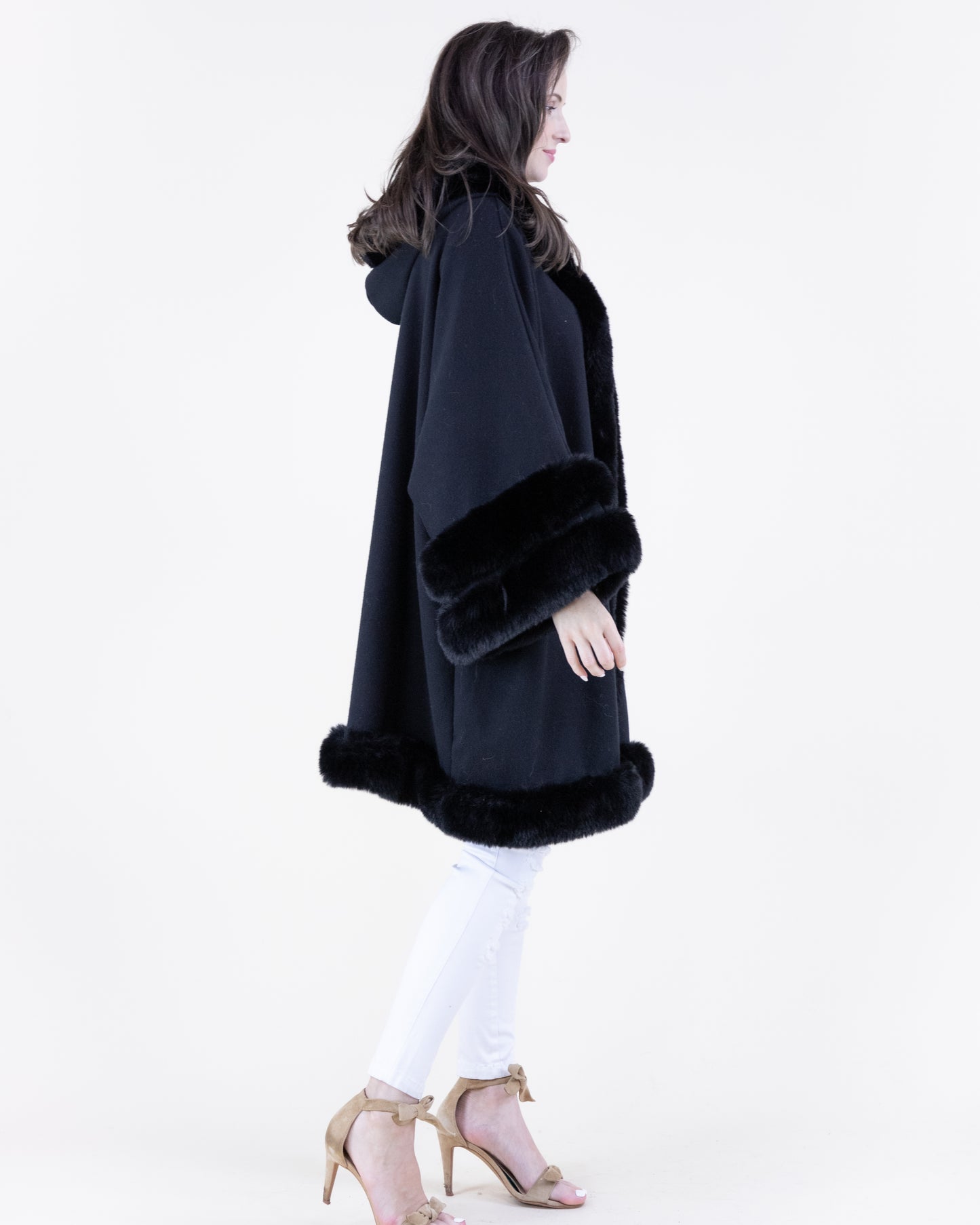Double Faux Fur Trim Cuff Hooded Coat