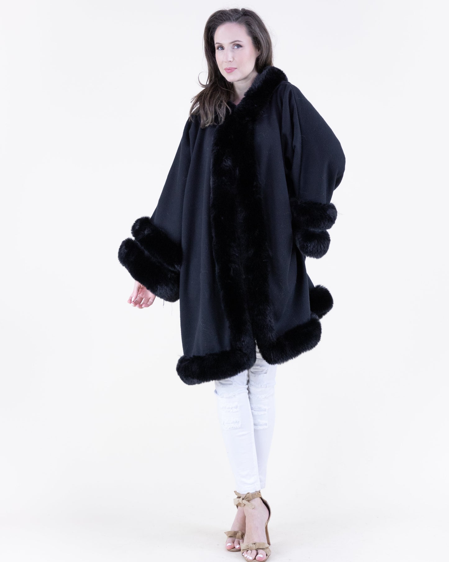 Double Faux Fur Trim Cuff Hooded Coat