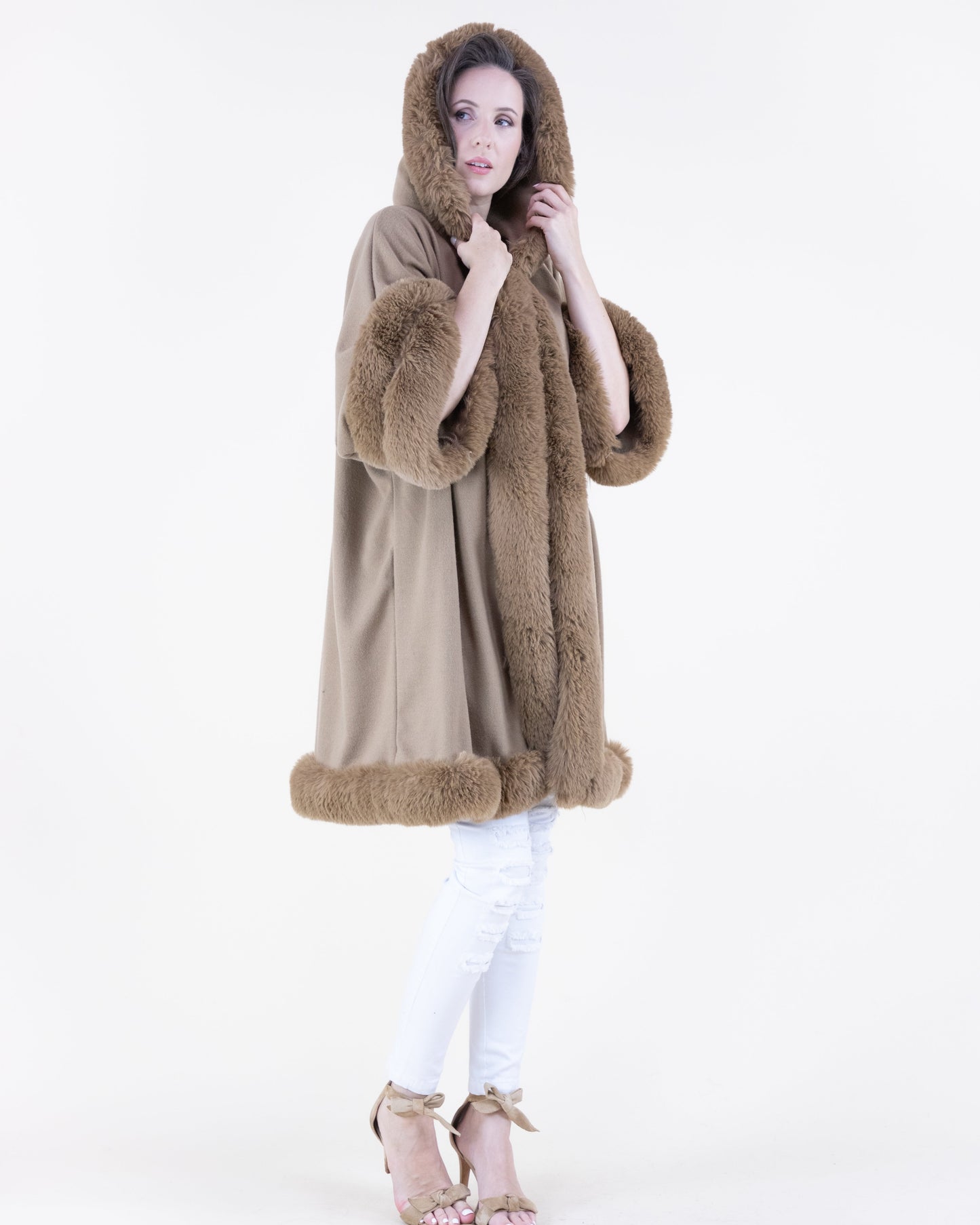 Double Faux Fur Trim Cuff Hooded Coat