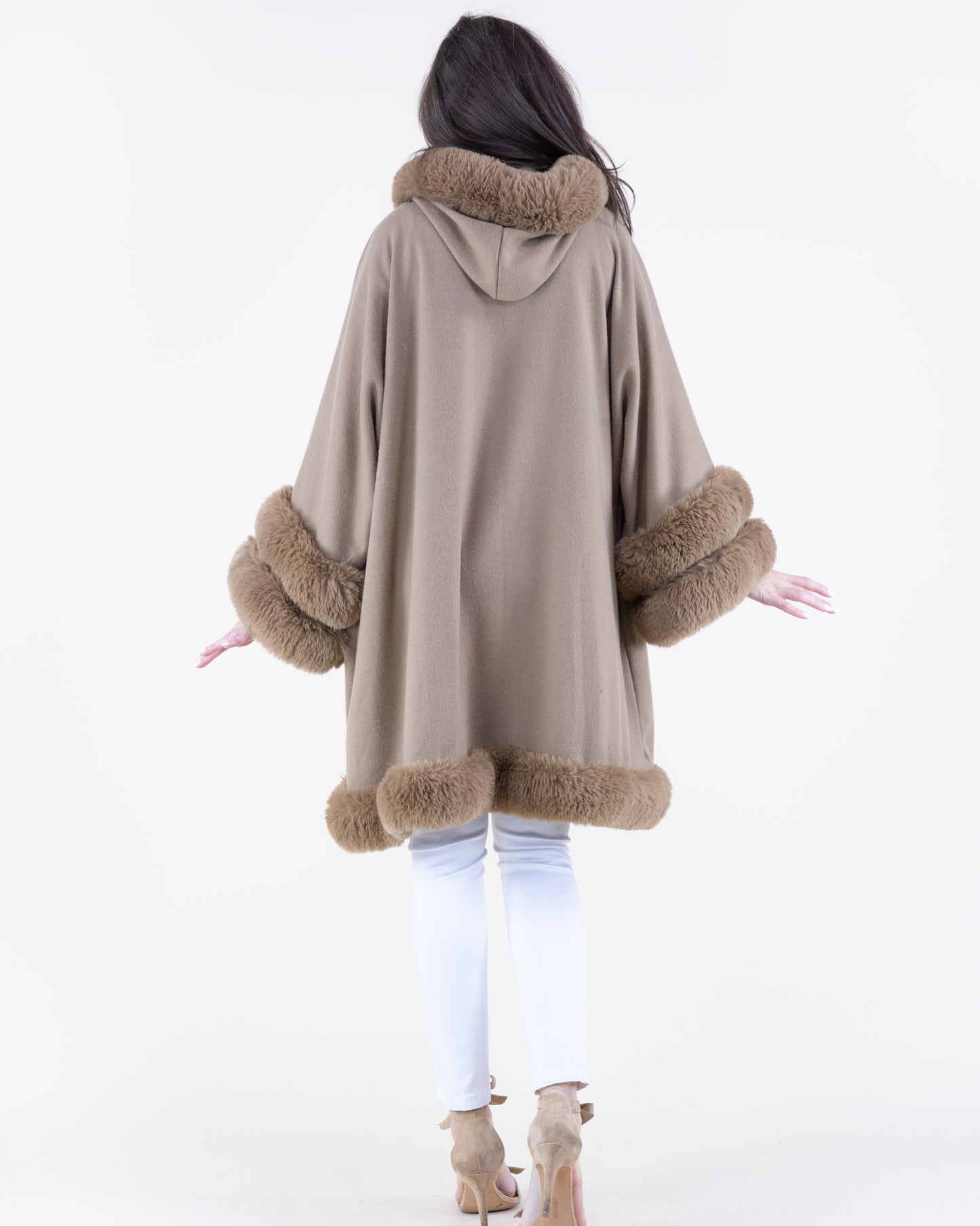 Double Faux Fur Trim Cuff Hooded Coat