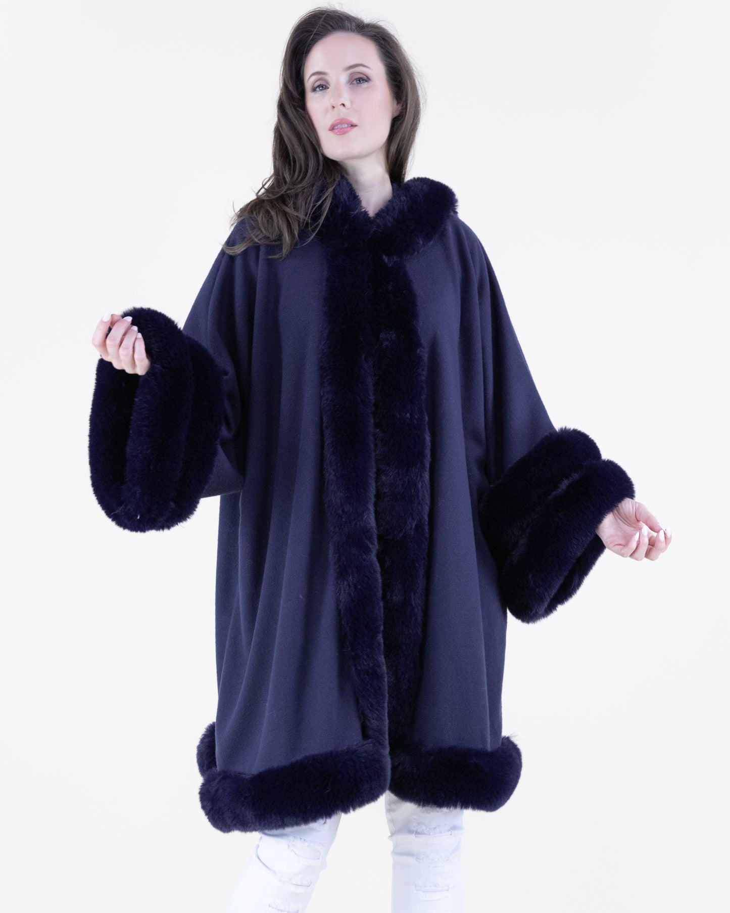 Double Faux Fur Trim Cuff Hooded Coat