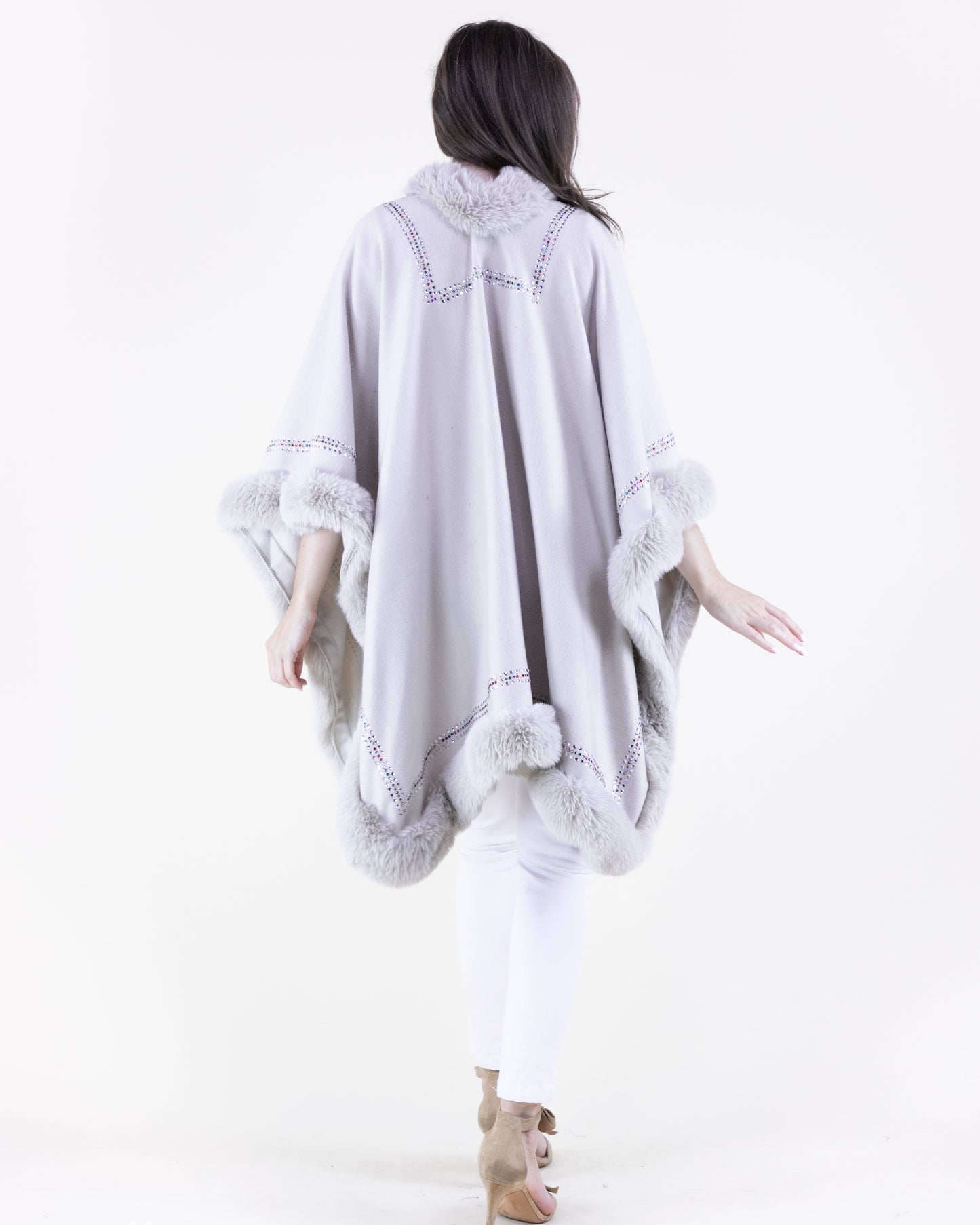 Rhinestone Embellished Border Plush Faux Fur Cape