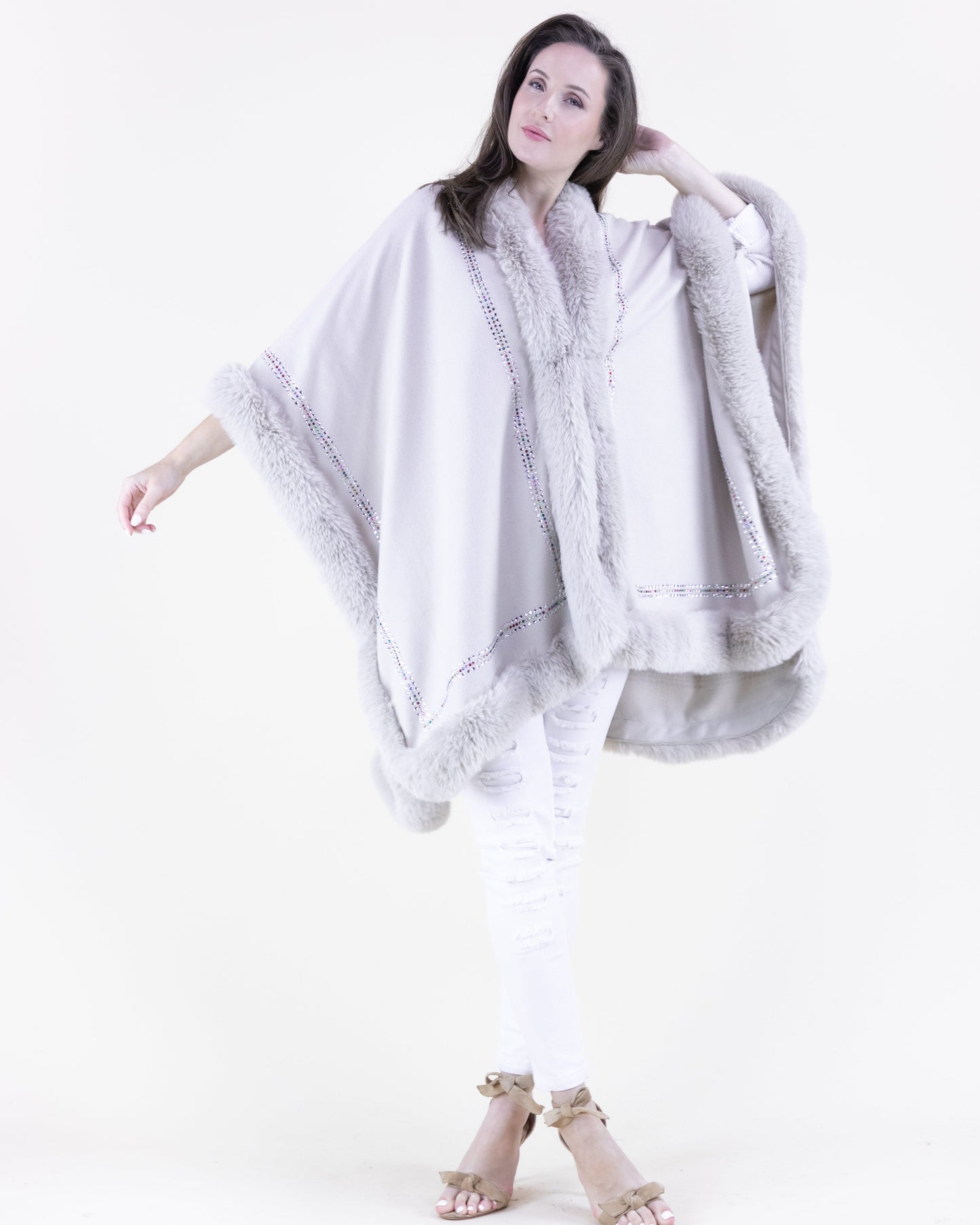 Rhinestone Embellished Border Plush Faux Fur Cape