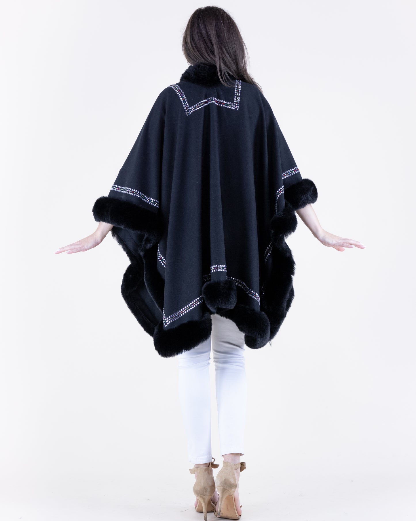 Rhinestone Embellished Border Plush Faux Fur Cape
