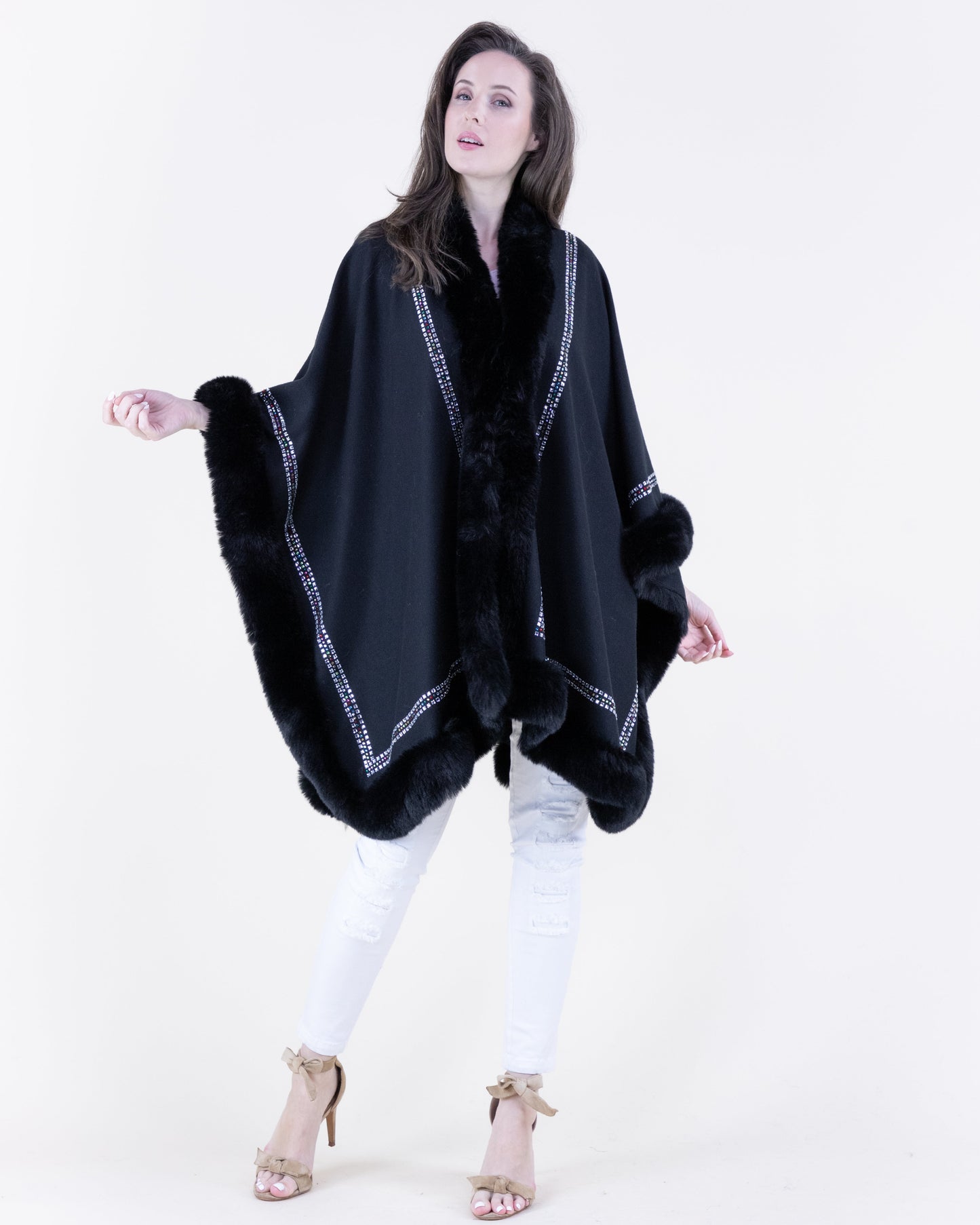 Rhinestone Embellished Border Plush Faux Fur Cape