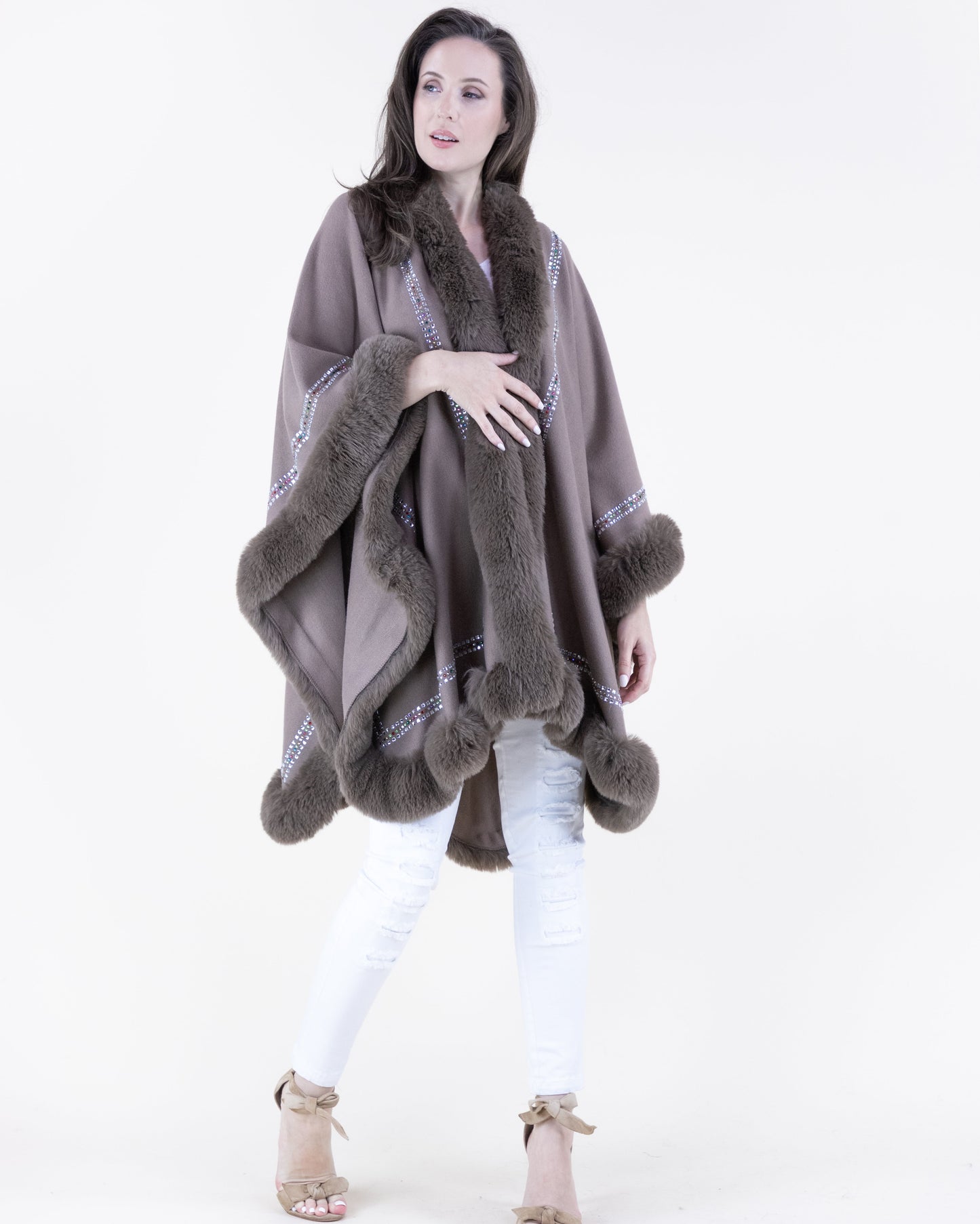 Rhinestone Embellished Border Plush Faux Fur Cape