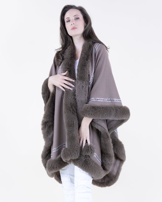 Rhinestone Embellished Border Plush Faux Fur Cape