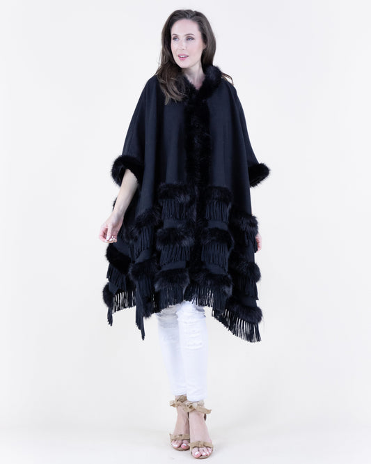 Layered Vegan Fur and Fringe Cape