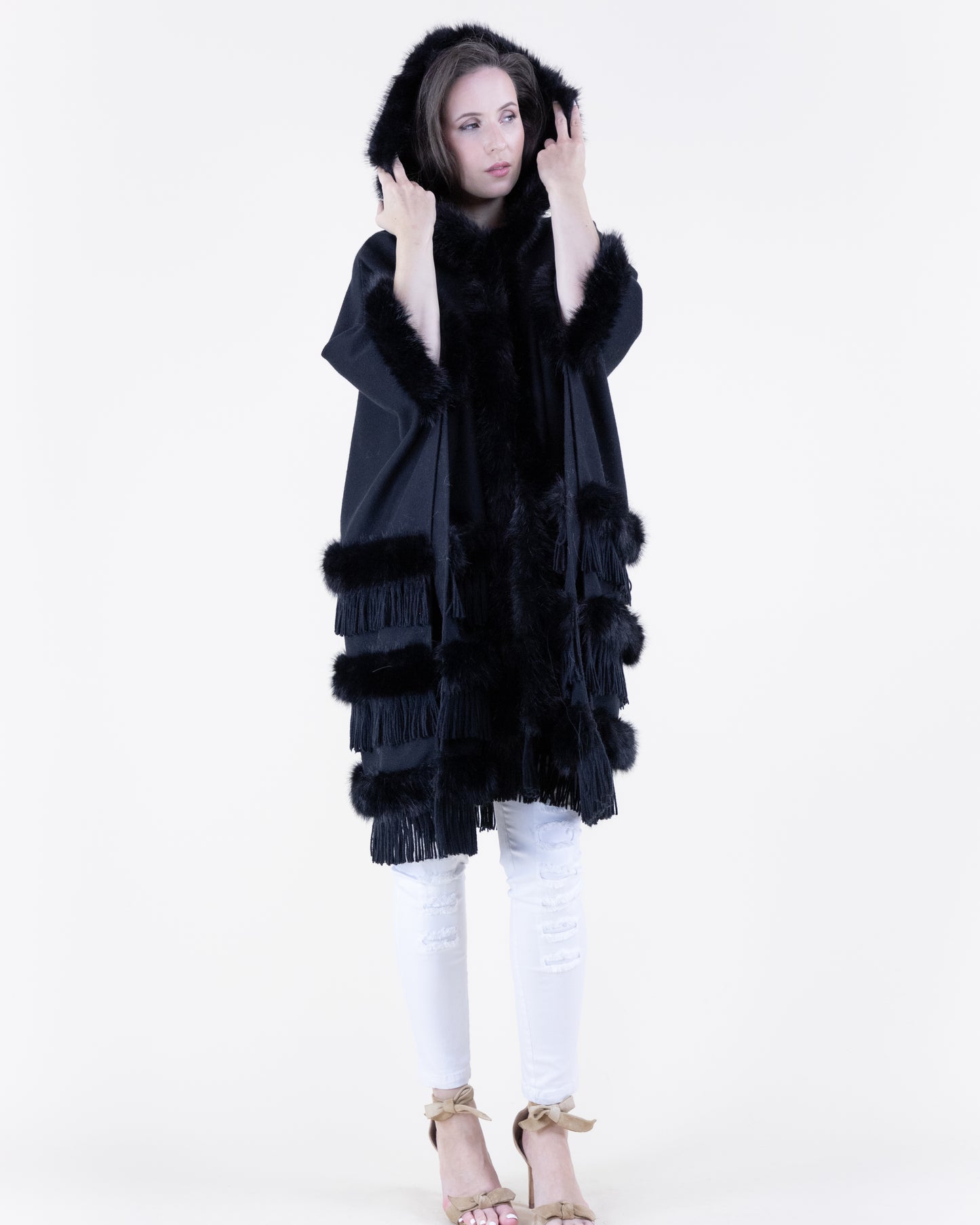 Layered Vegan Fur and Fringe Cape