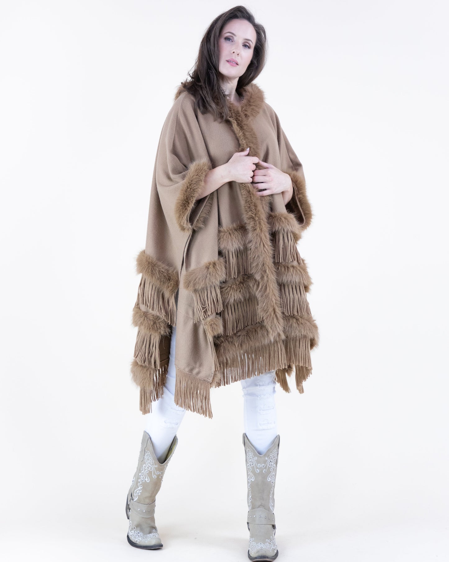 Layered Vegan Fur and Fringe Cape