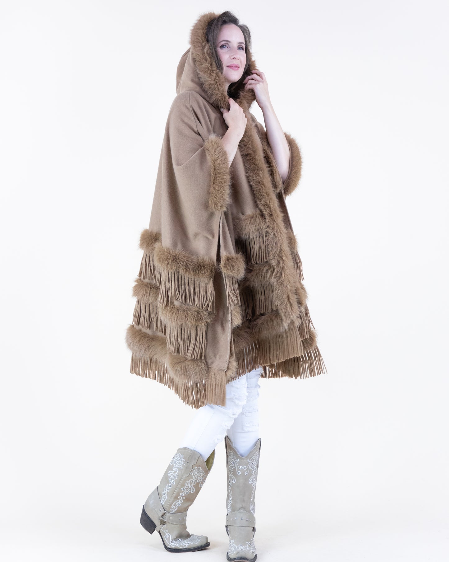 Layered Vegan Fur and Fringe Cape