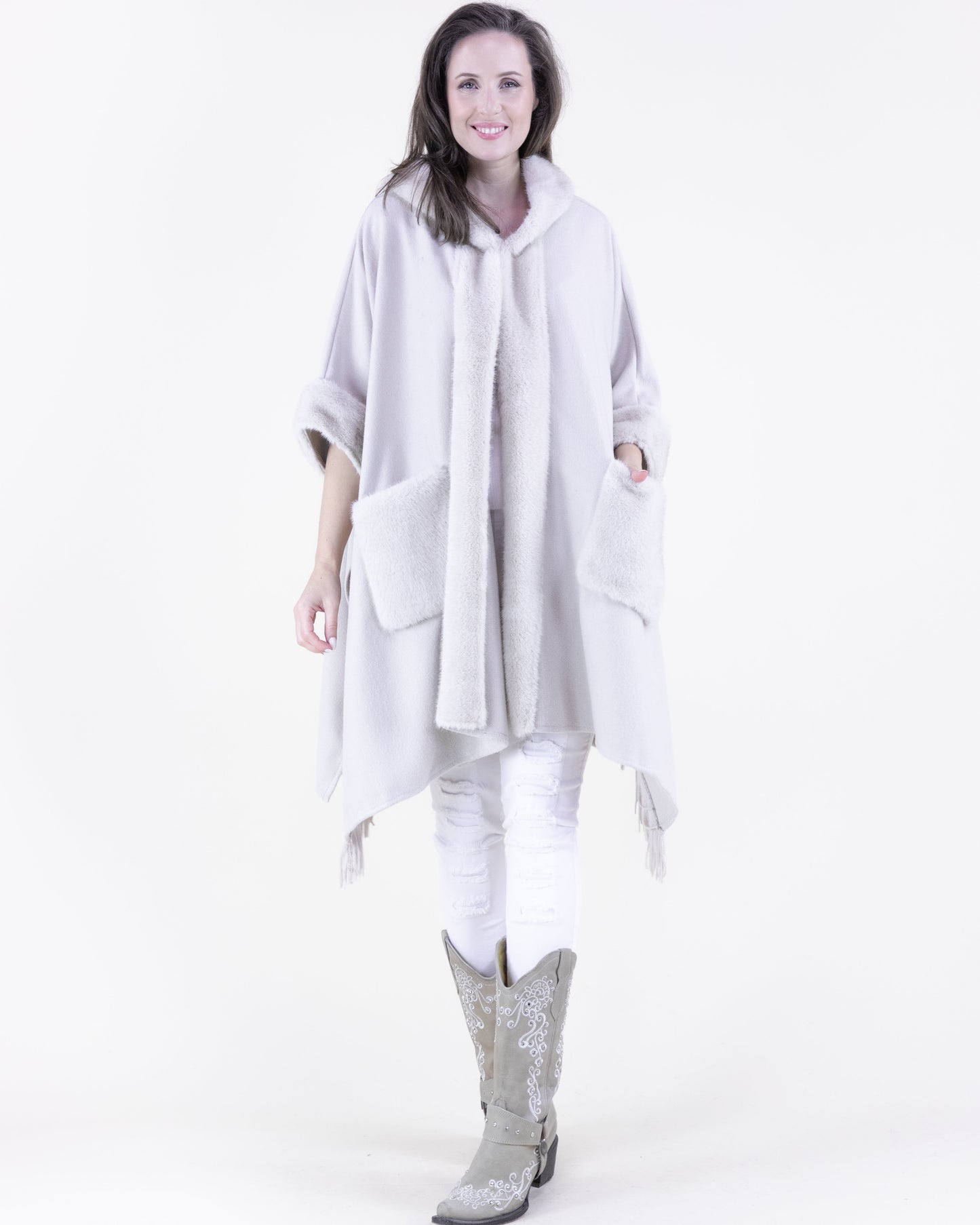 Plush Vegan Fur Trim Cape w/ Front Pockets