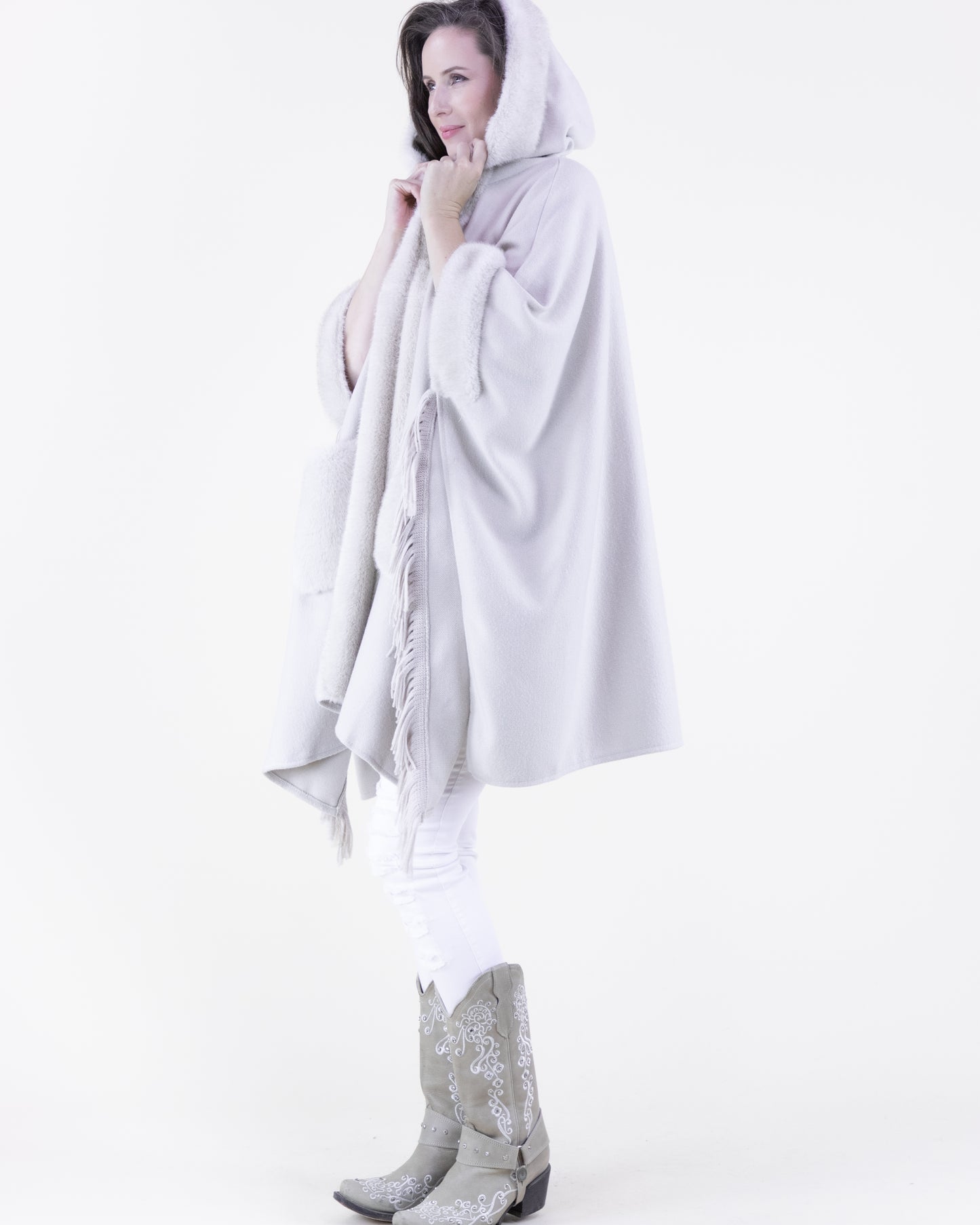 Plush Vegan Fur Trim Cape w/ Front Pockets