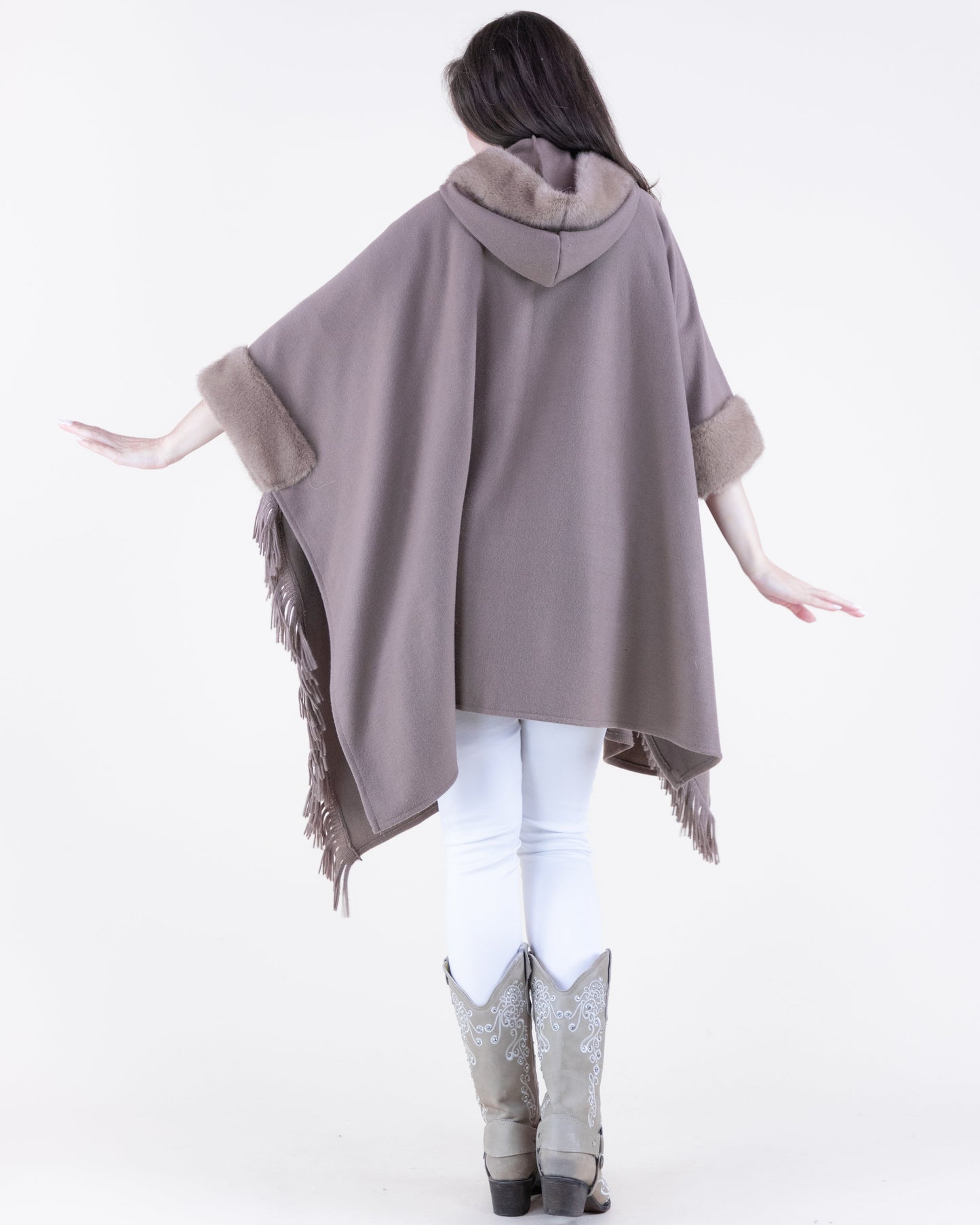 Plush Vegan Fur Trim Cape w/ Front Pockets