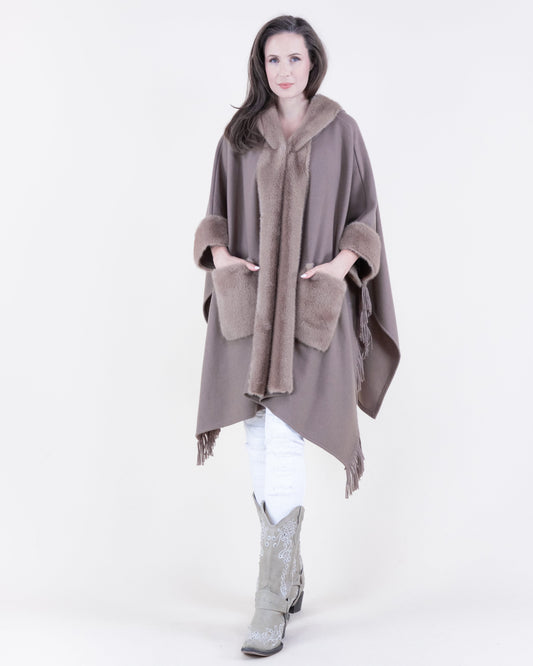 Plush Vegan Fur Trim Cape w/ Front Pockets