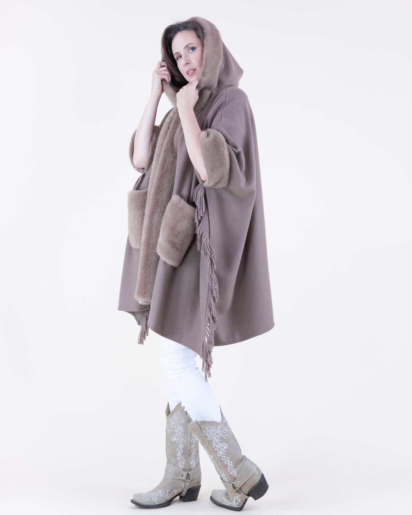 Plush Vegan Fur Trim Cape w/ Front Pockets