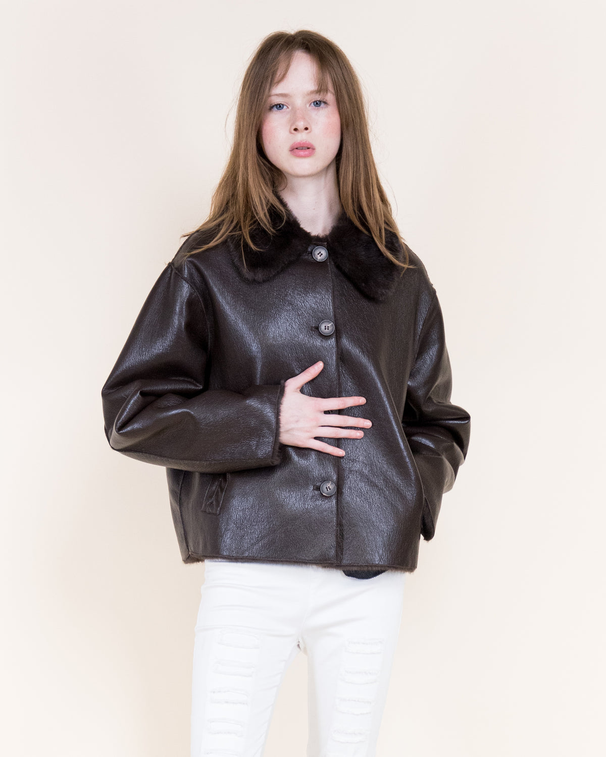 Aviatrice Reversible Button Vegan Leather Fur Jacket