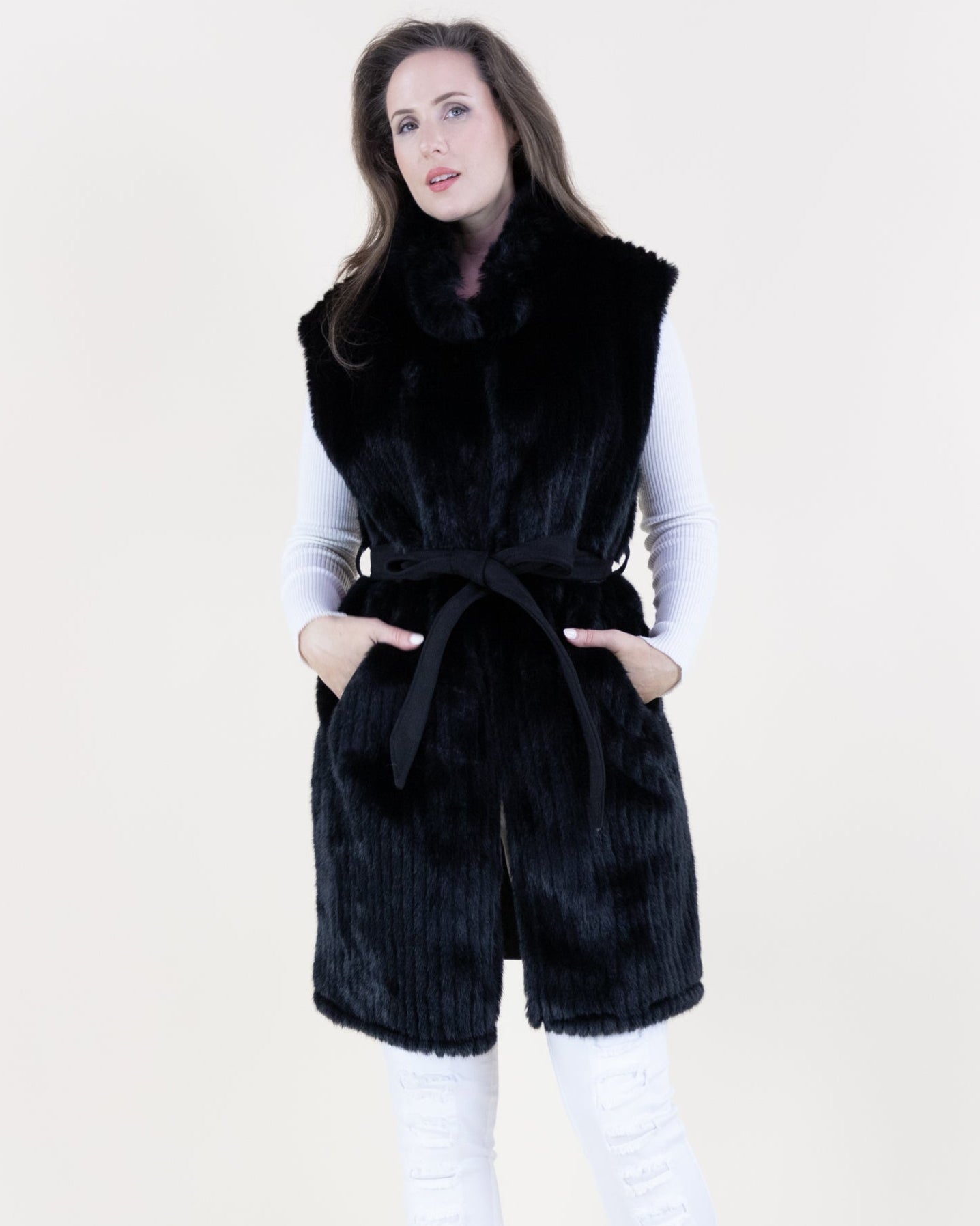 Vertical Ribbed Faux Fur Belted Vest