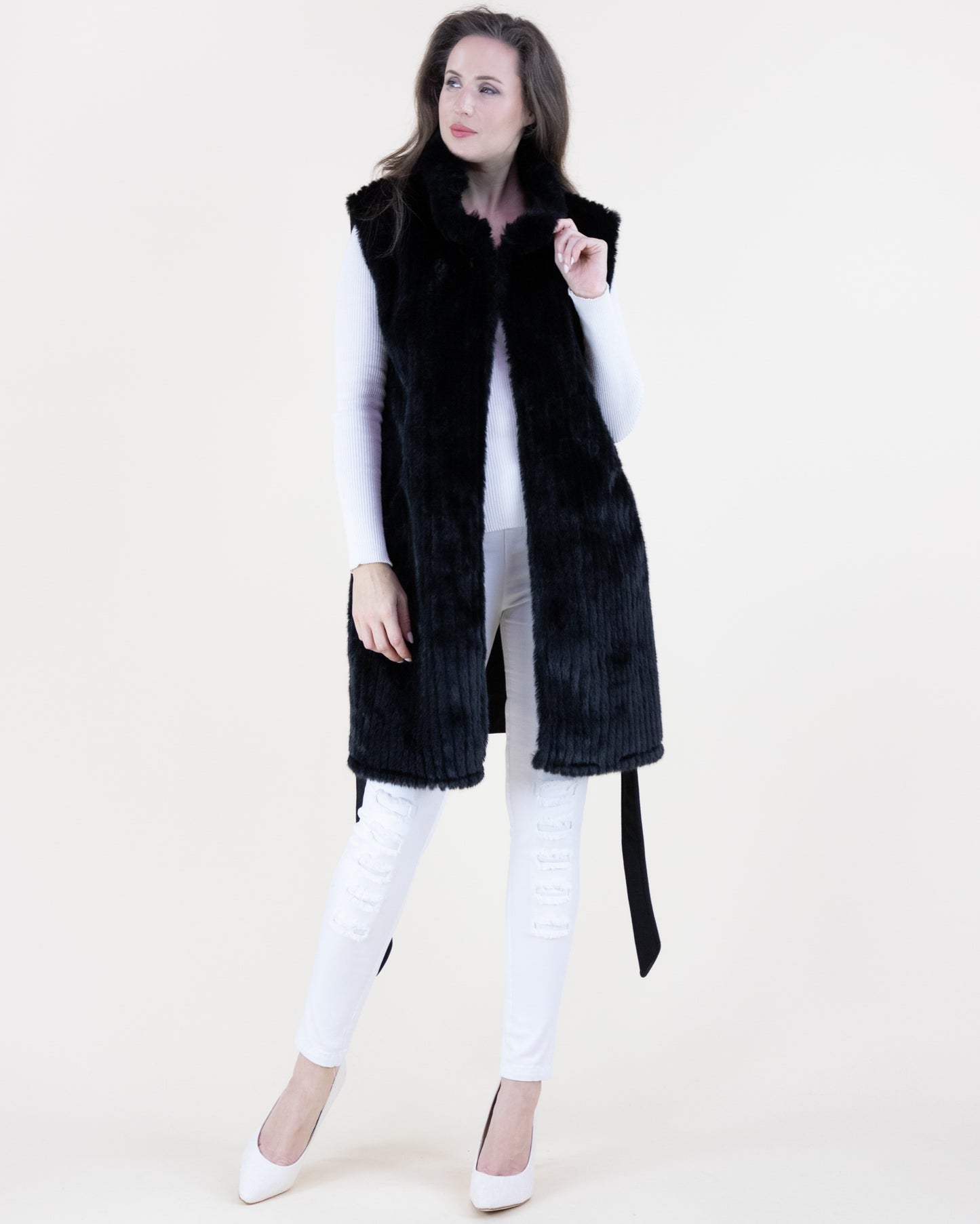 Vertical Ribbed Faux Fur Belted Vest
