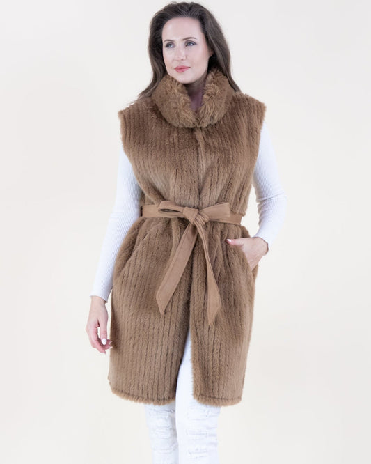 Vertical Ribbed Faux Fur Belted Vest