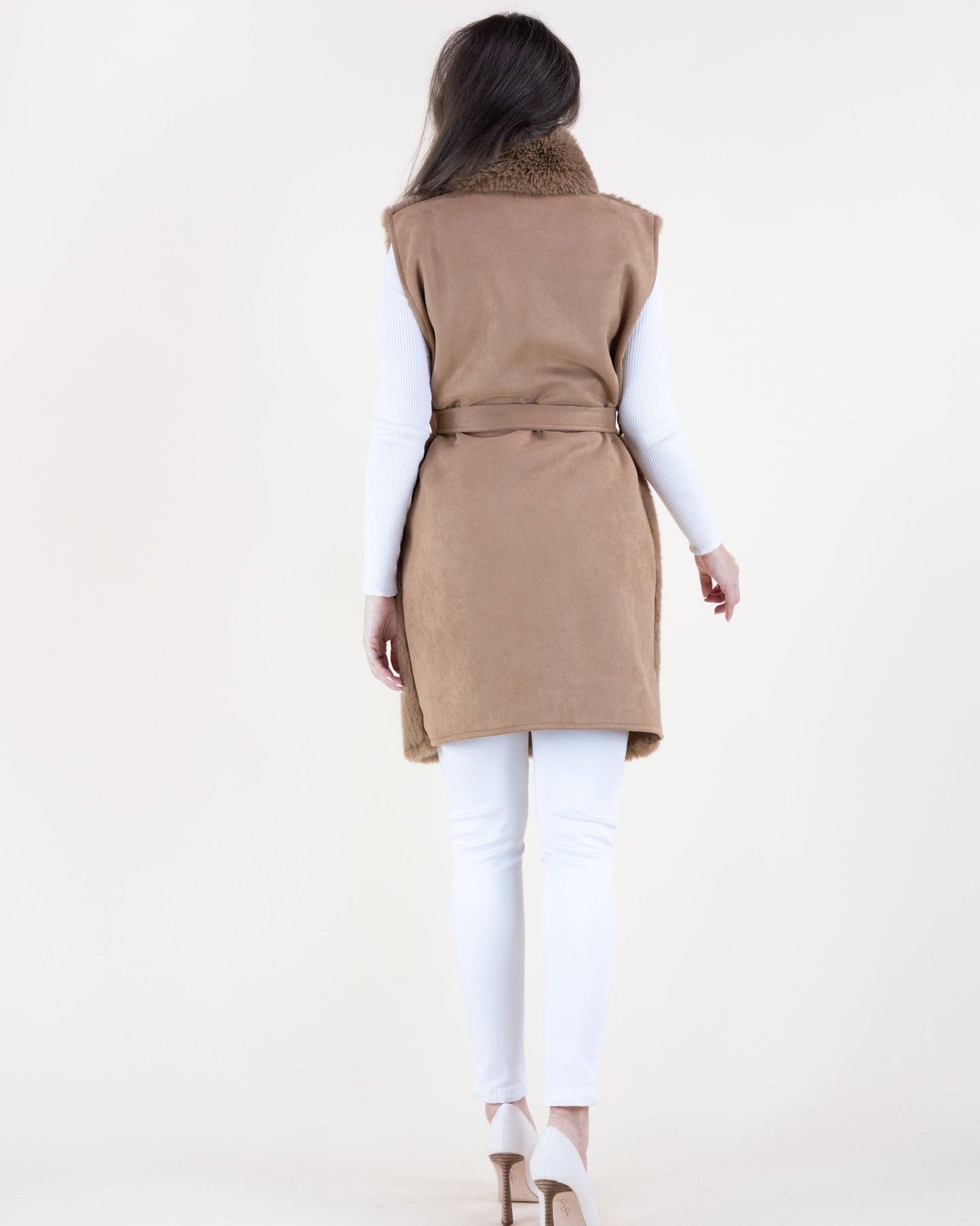 Vertical Ribbed Faux Fur Belted Vest