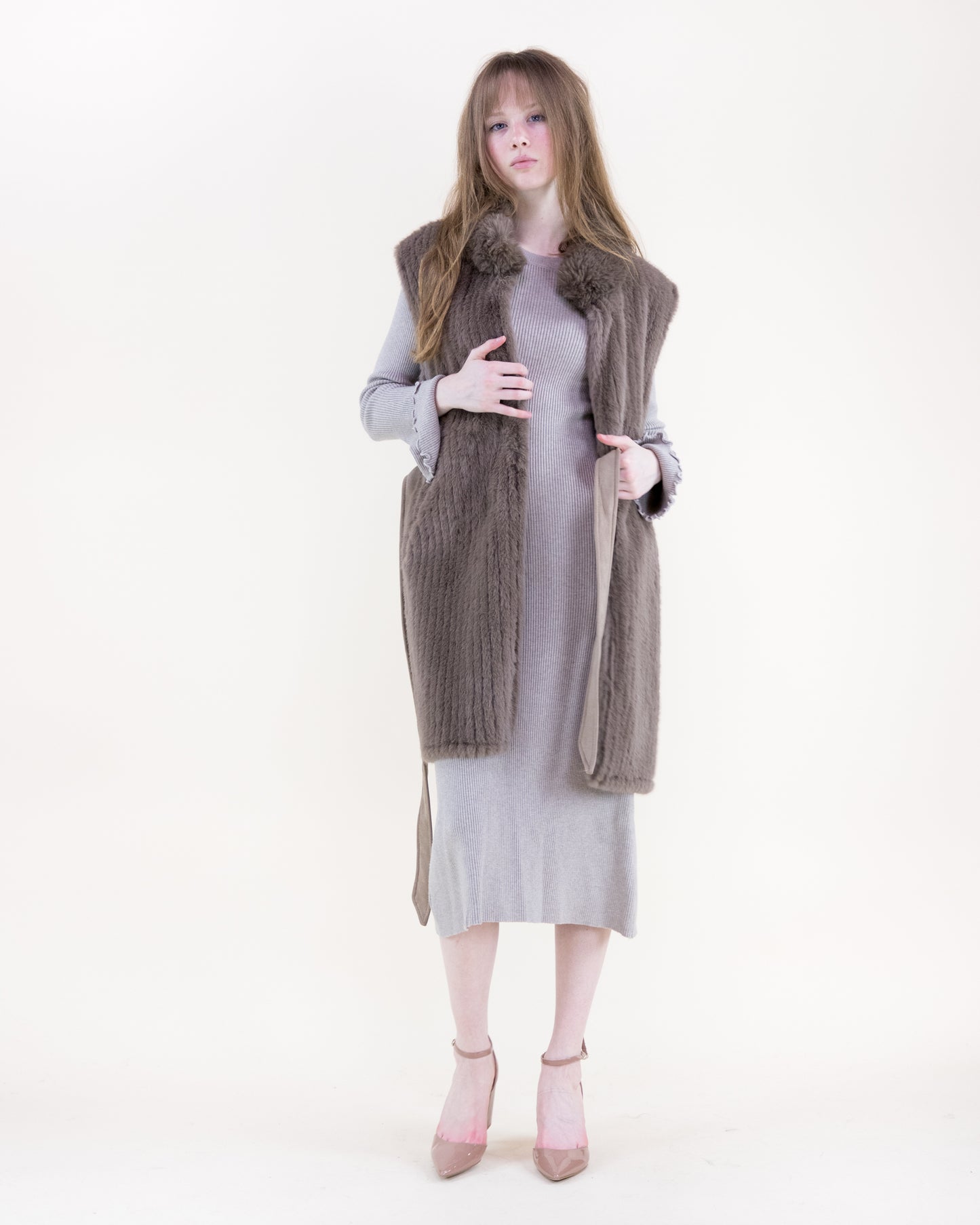 Vertical Ribbed Faux Fur Belted Vest