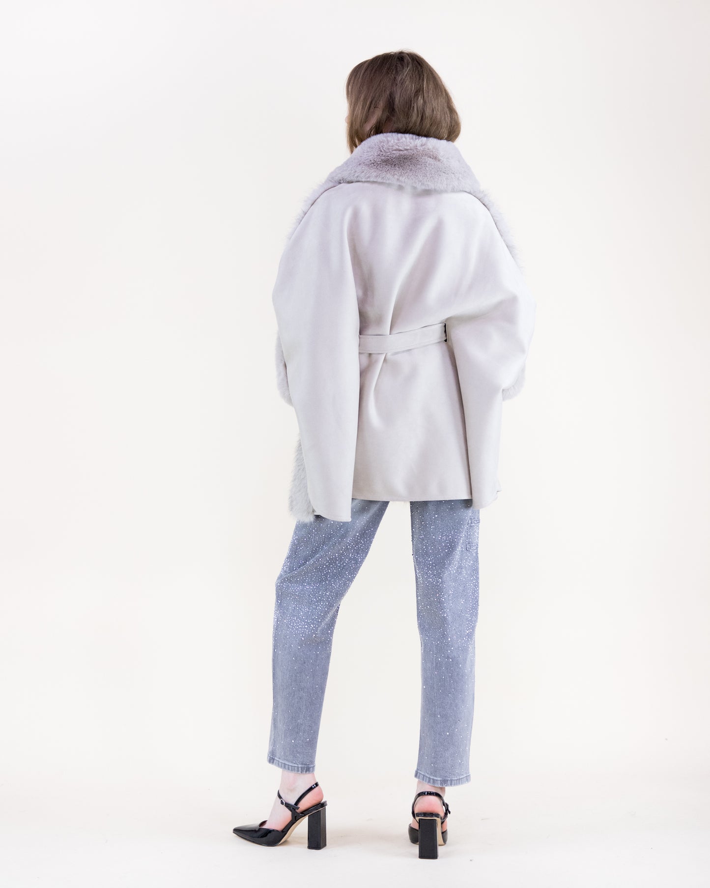 Wide Vegan Fur Collar Herringbone Suede Belted Cape