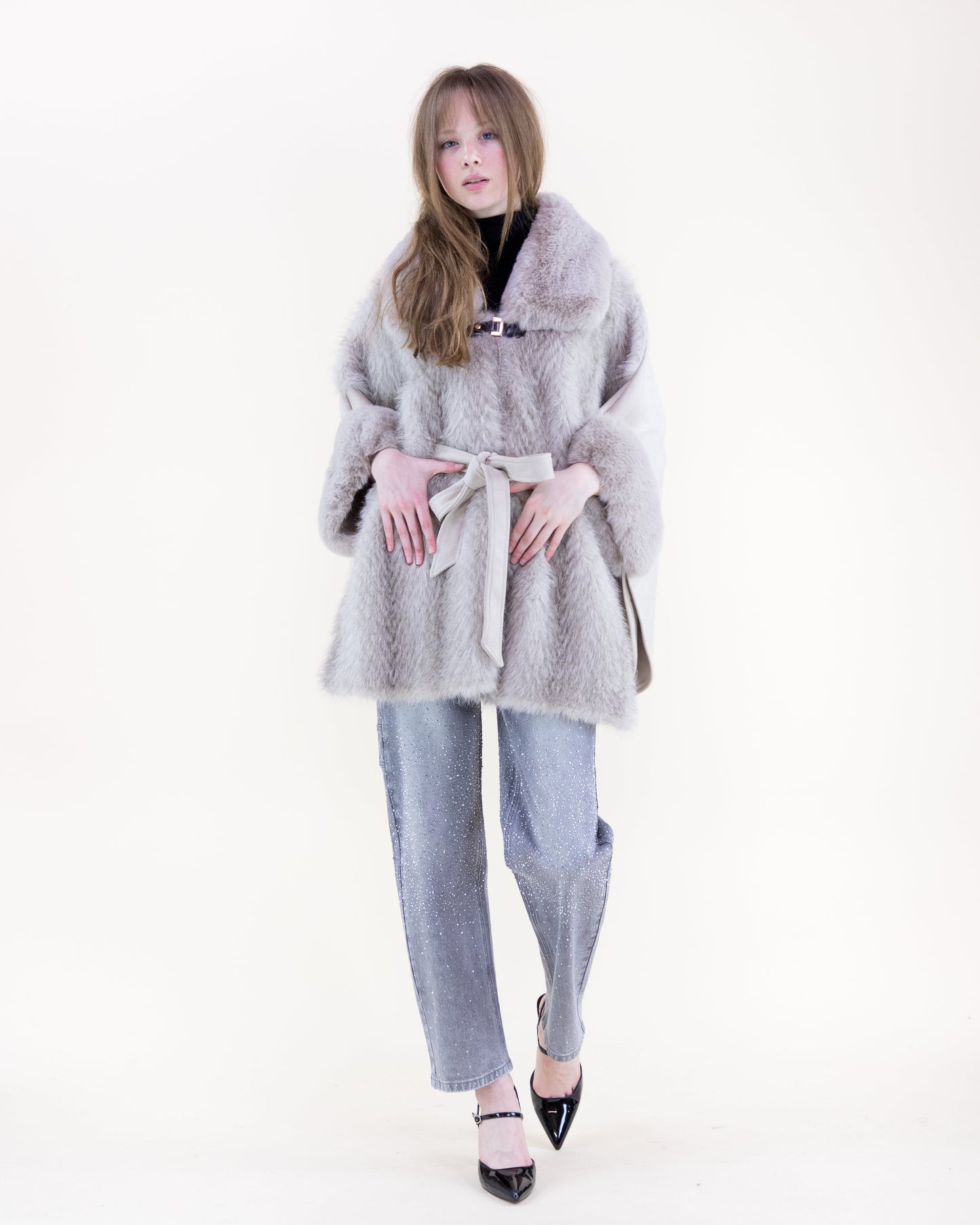 Wide Vegan Fur Collar Herringbone Suede Belted Cape