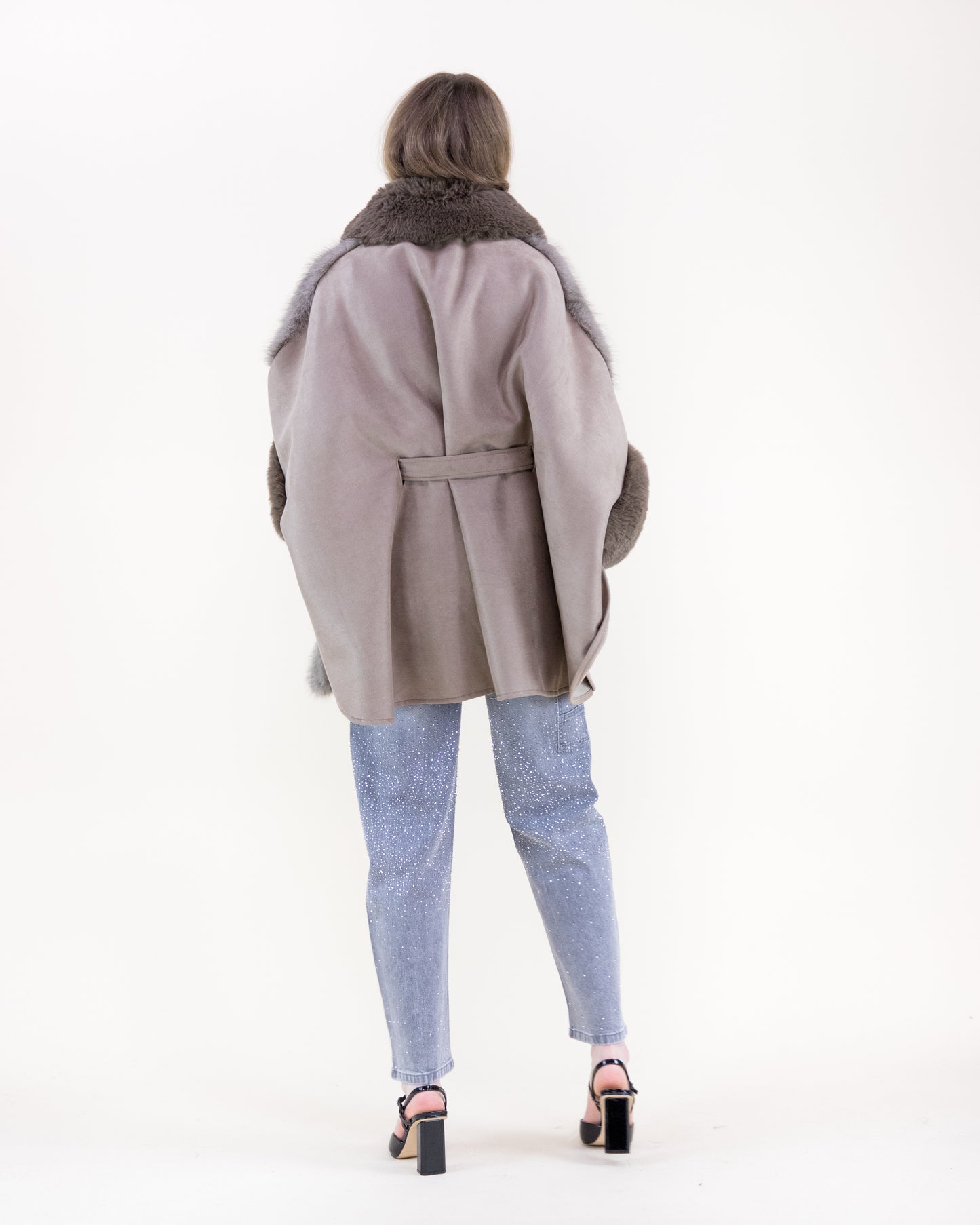 Wide Vegan Fur Collar Herringbone Suede Belted Cape