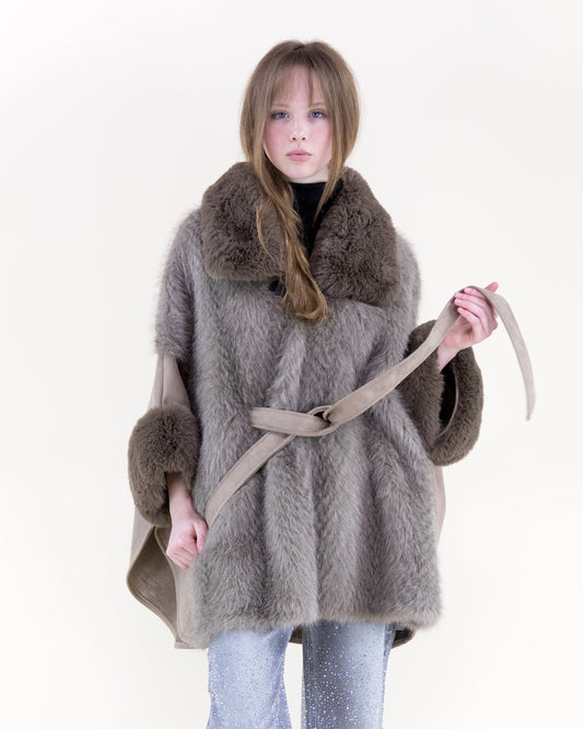 Wide Vegan Fur Collar Herringbone Suede Belted Cape