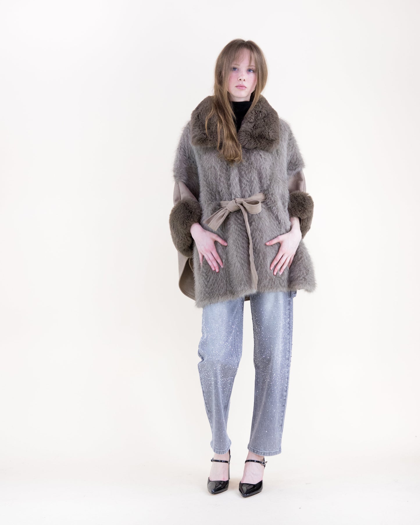 Wide Vegan Fur Collar Herringbone Suede Belted Cape