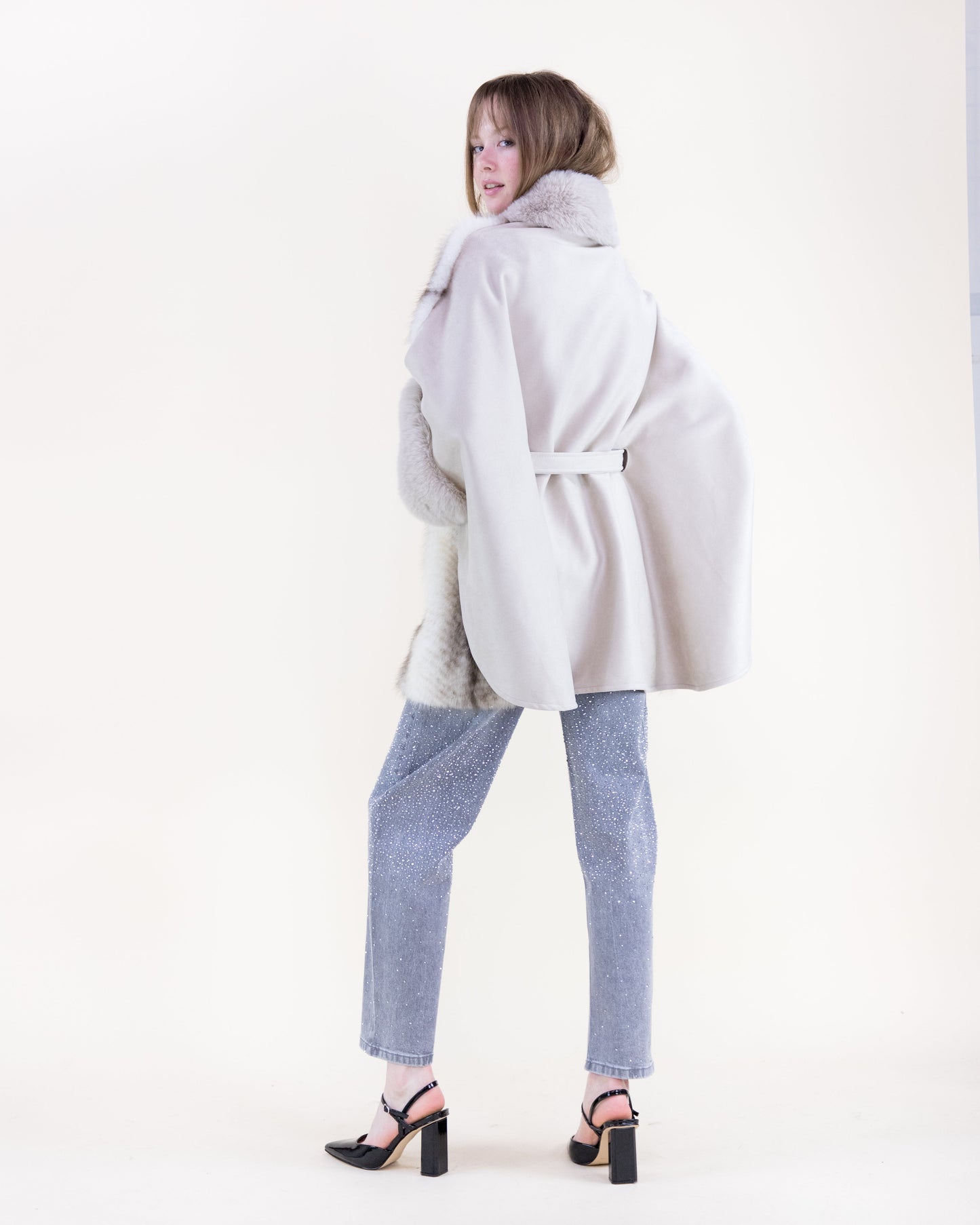 Striped Vegan Fur Neck Toggle Suede Belted Cape