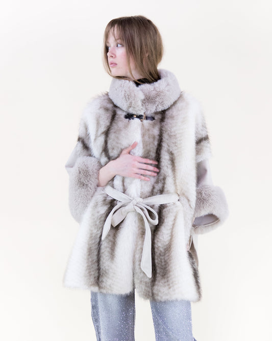 Striped Vegan Fur Neck Toggle Suede Belted Cape